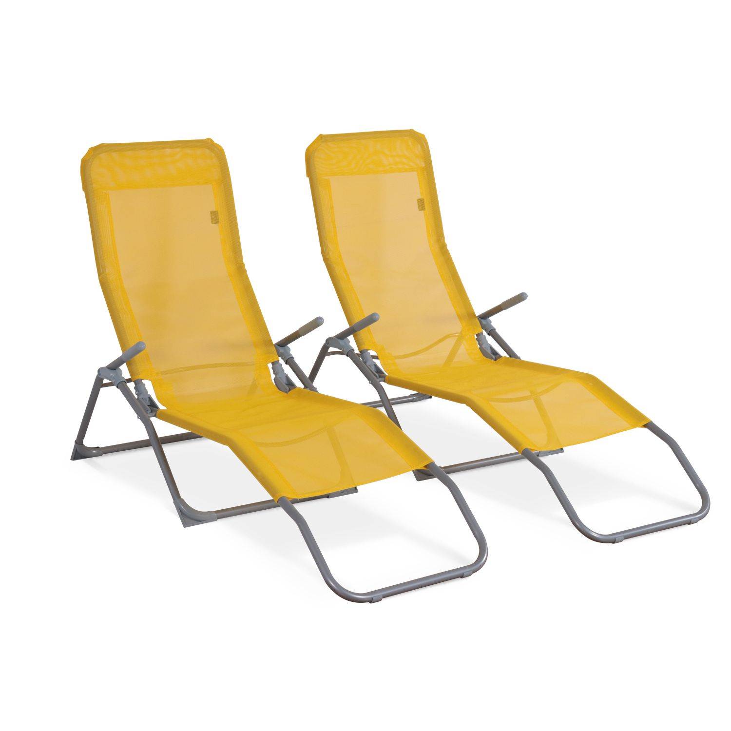 Lot de 2 bains de soleil pliants - Levito Jaune - Transats textilène, 2 positions, chaises longues pliables Photo2