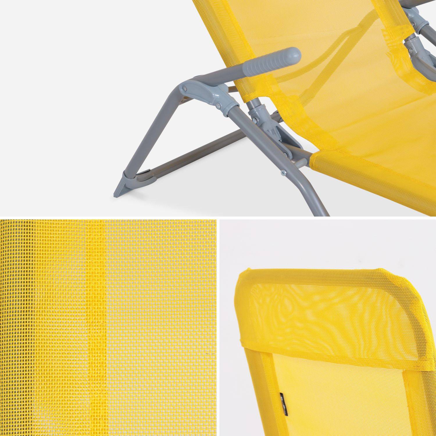 Lot de 2 bains de soleil pliants - Levito Jaune - Transats textilène, 2 positions, chaises longues pliables Photo4