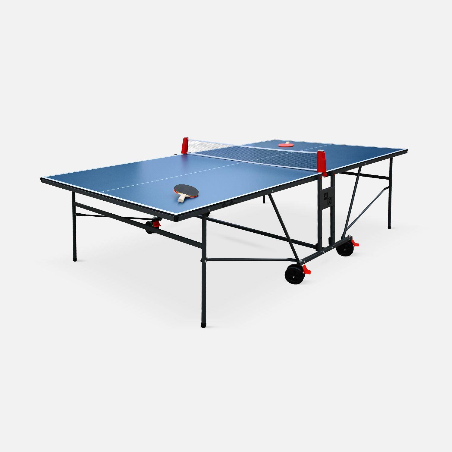 Table de ping pong INDOOR bleue - table pliable avec 2 raquettes et 3 balles, pour utilisation intérieure, sport tennis de table Photo1