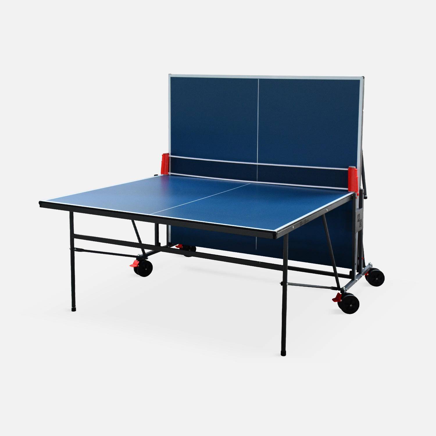 Table de ping pong INDOOR bleue - table pliable avec 2 raquettes et 3 balles, pour utilisation intérieure, sport tennis de table Photo2
