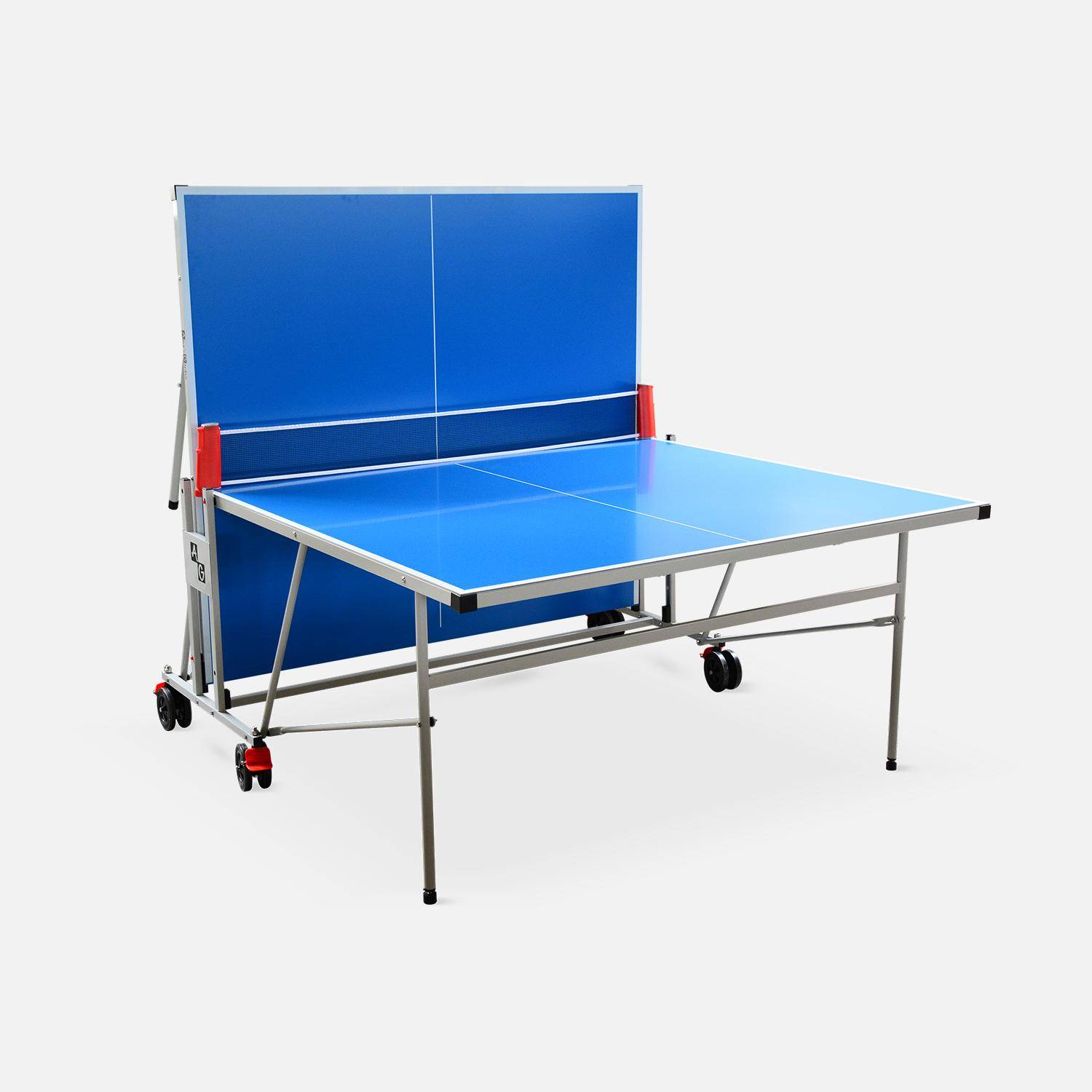 Table de ping pong OUTDOOR bleue - table pliable avec 2 raquettes et 3 balles, pour utilisation extérieure, sport tennis de table Photo2