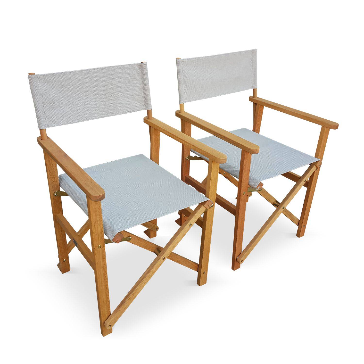 Lot de 2 fauteuils réalisateur, pliables, avec accoudoirs, BANDERAS, en eucalyptus FSC et textilène gris clair Photo1
