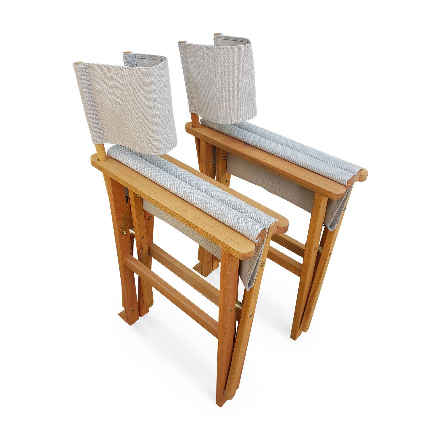 Lot de 2 fauteuils réalisateur, pliables, avec accoudoirs, BANDERAS, en eucalyptus FSC et textilène gris clair Photo3