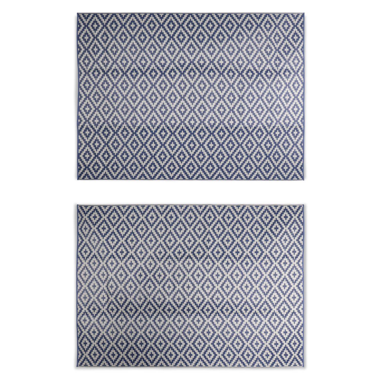 Alfombra de exterior 270x360cm STOCKHOLM - Rectangular, patrón de diamantes azul / beige, jacquard, reversible, interior / exterior. Photo2