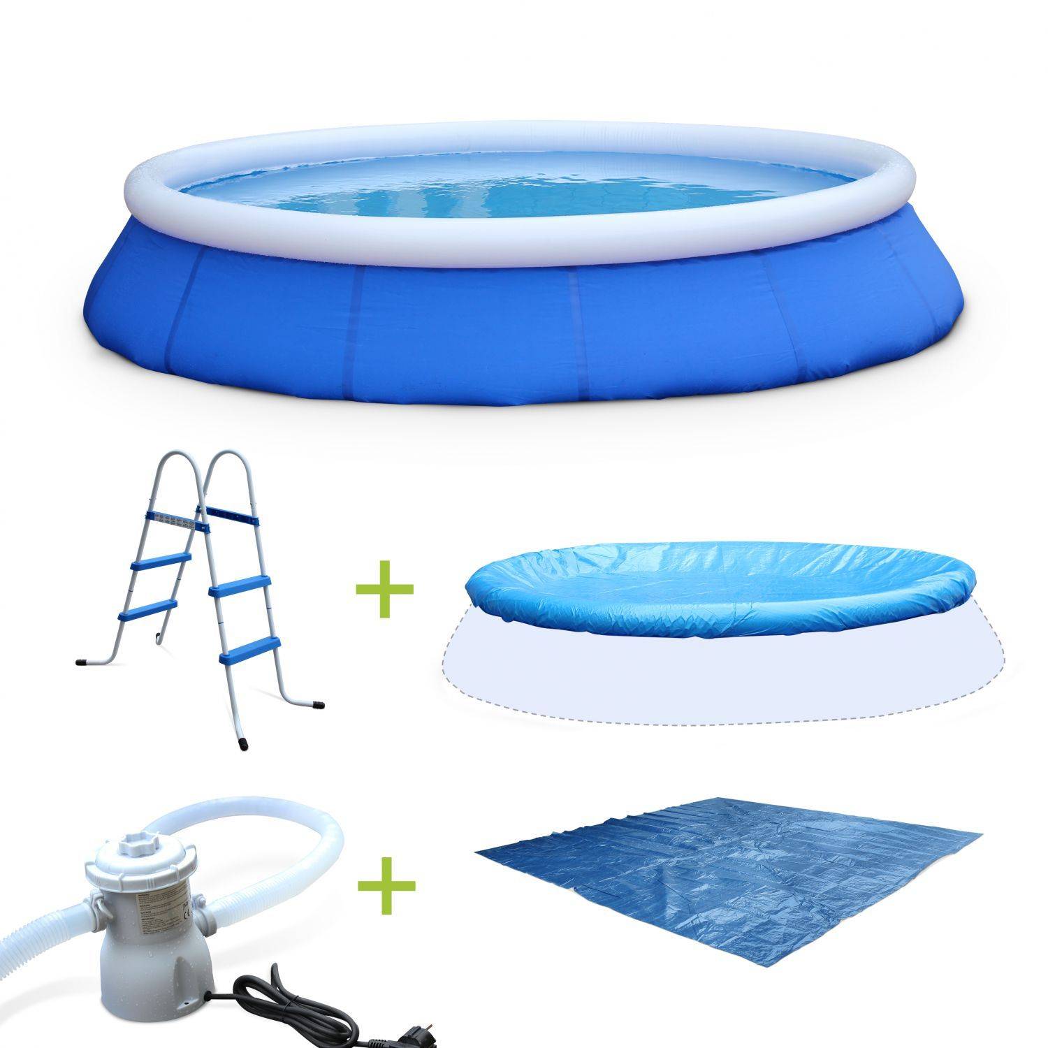 Kit piscine Cristal gonflable bleue autoportante ronde Ø420x84cm avec pompe de filtration, bâche de protection, tapis de sol et échelle Photo1