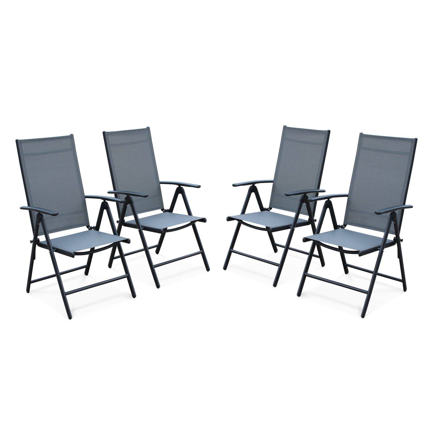 Lot de 4 fauteuils multi-positions - Naevia - en aluminium anthracite et textilène gris. Photo1