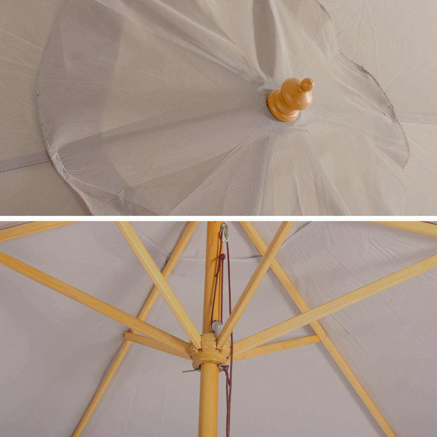 Parasol droit rond en bois 3m - Cabourg Beige - mât central en bois, Ø300cm, système d'ouverture manuelle, poulie Photo4