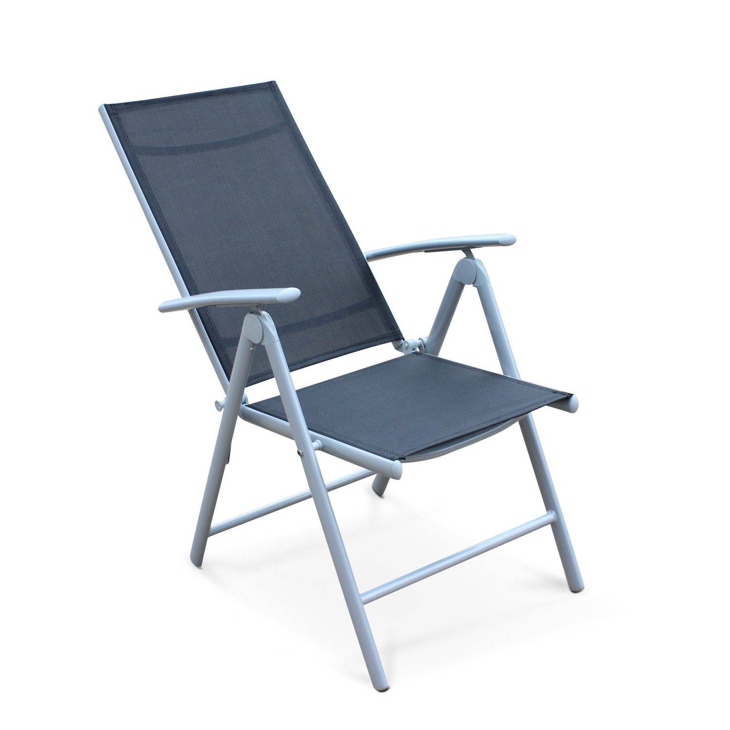 Lot de 4 fauteuils multi-positions - Naevia - en aluminium gris et textilène noir. Photo3
