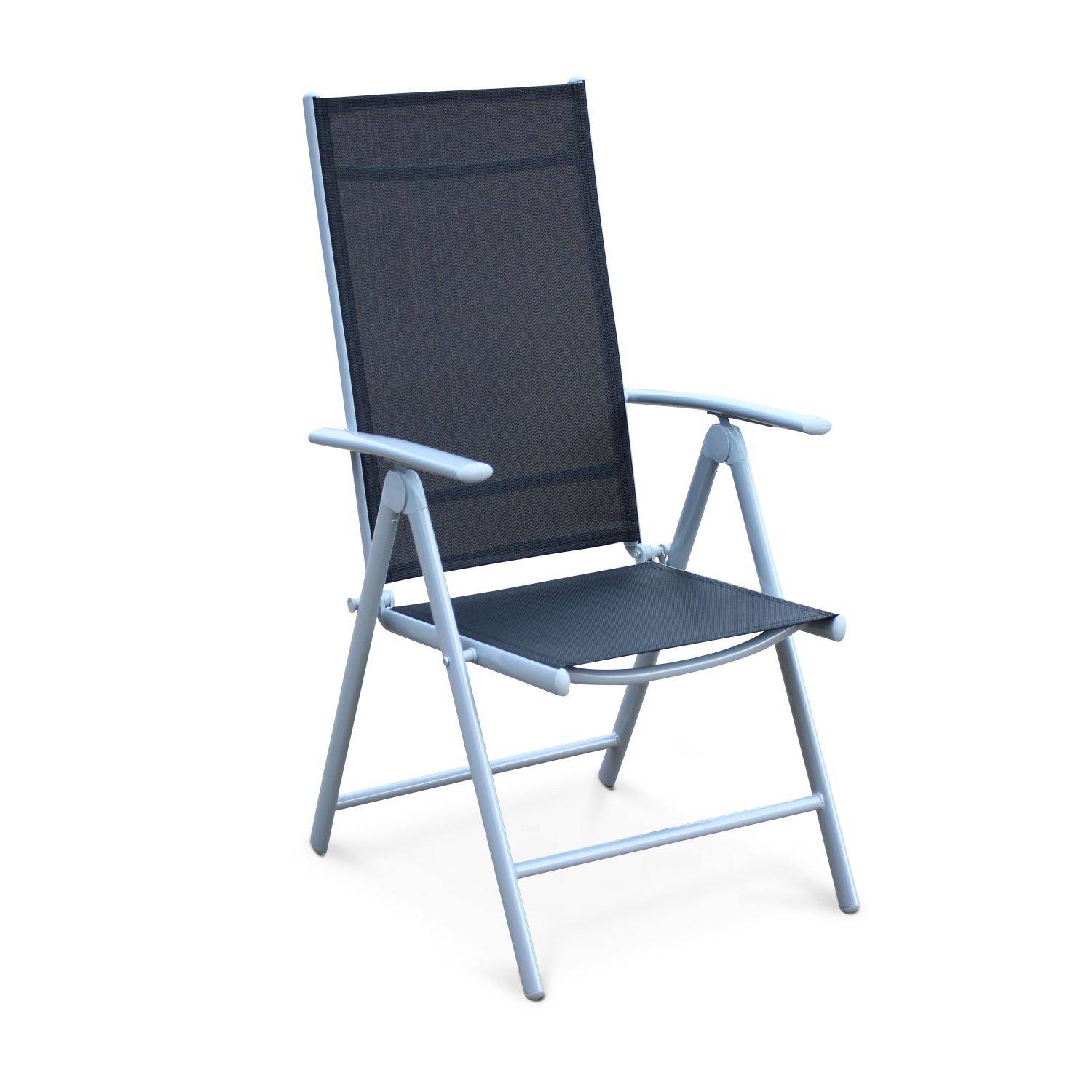 Lot de 4 fauteuils multi-positions - Naevia - en aluminium gris et textilène noir. Photo2