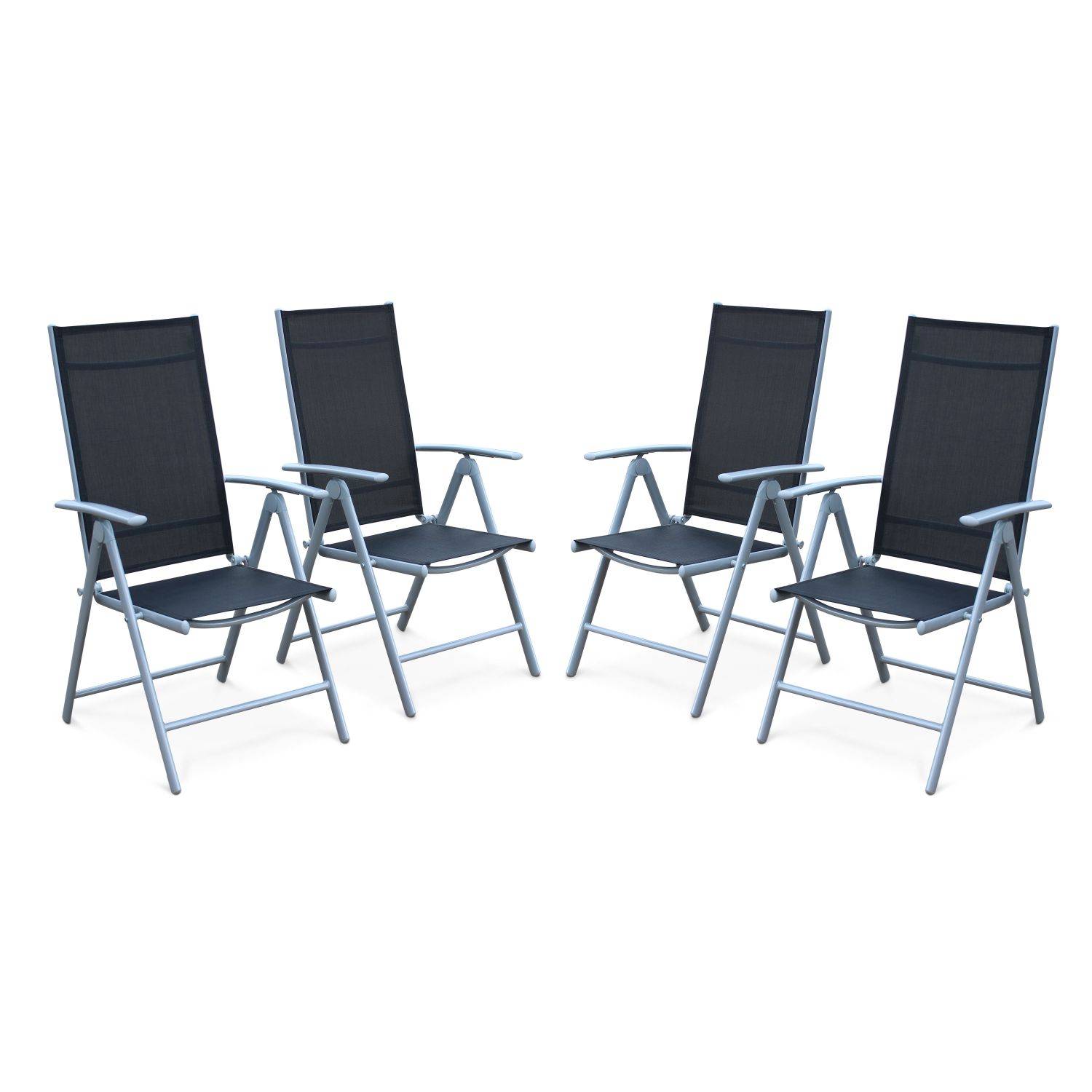 Lot de 4 fauteuils multi-positions - Naevia - en aluminium gris et textilène noir. Photo1