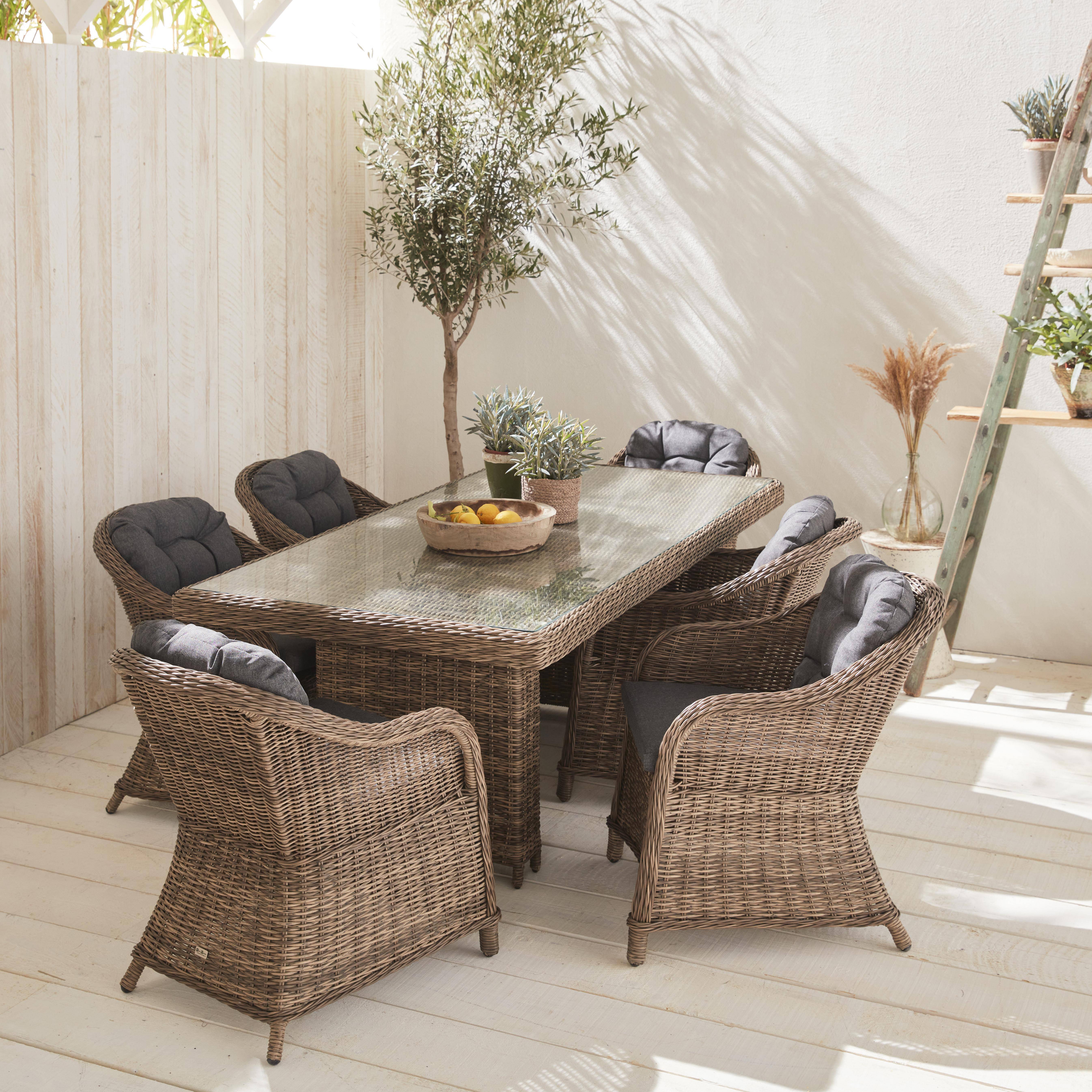 Gartentisch aus abgerundetem Polyrattan - Lecco Natur - Kissen Anthrazit - 6 Plätze - 6 Sessel, ein großer Tisch Photo1