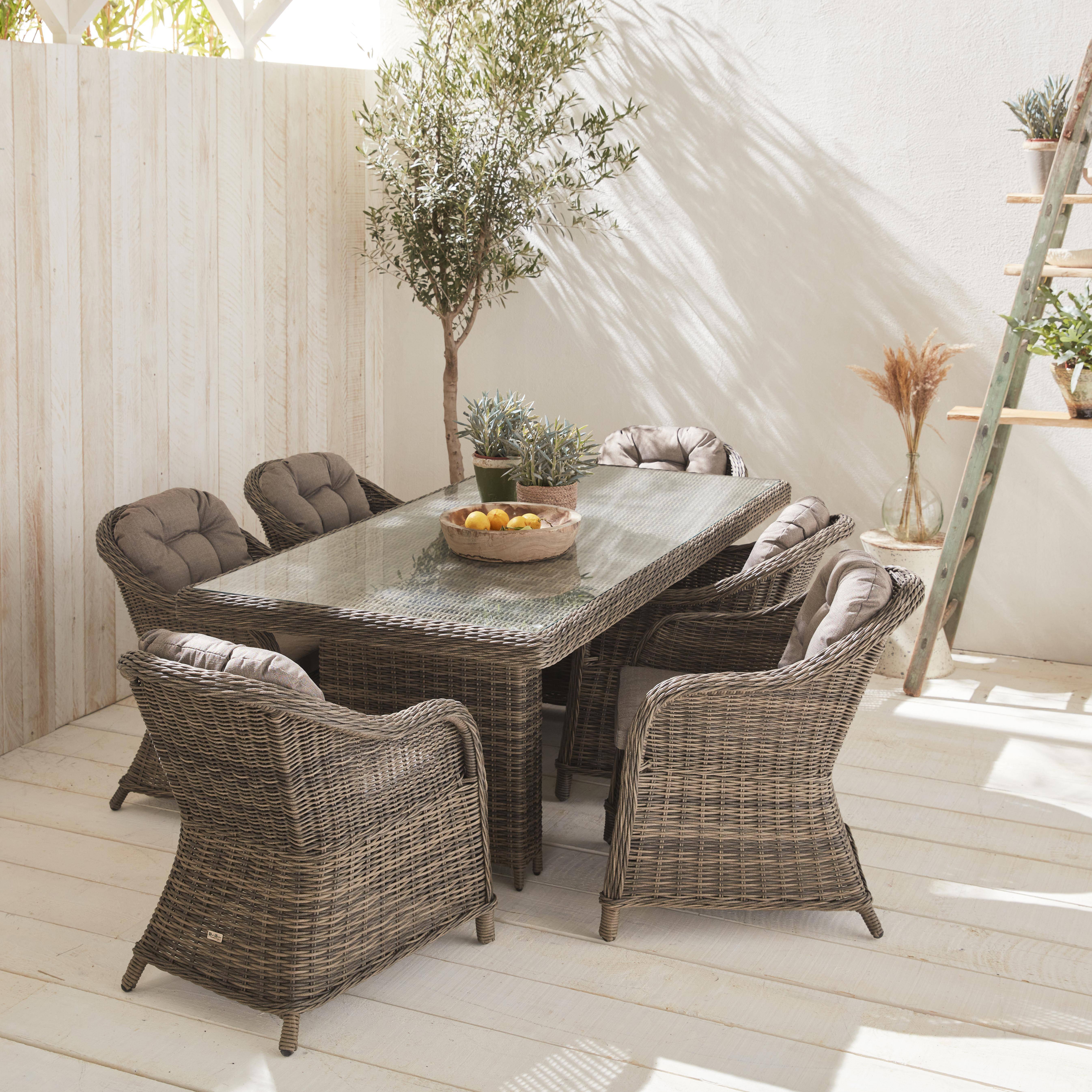 Mesa de jardín de resina trenzada redonda - Gris Lecco - Cojín beige - 6 asientos - 6 sillones, mesa grande Photo1