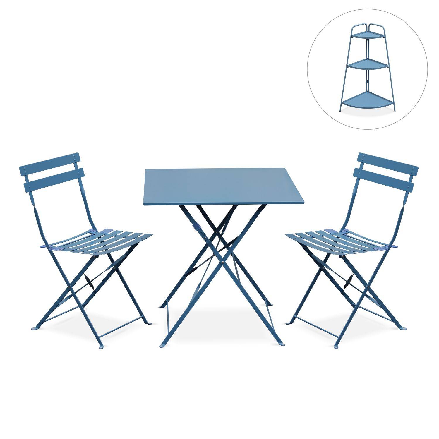 Klappbares Bistro-Gartenmöbel Set - Emilia quadratisch blau-grau - Tisch 70 x 70 cm mit zwei Klappstühlen + Eckregal Alicia Photo1