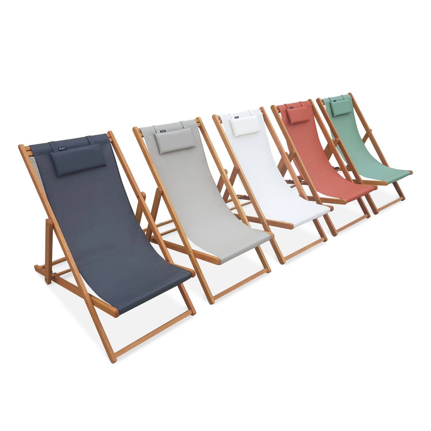 Holzliegestühle - Creus - 2 Liegestühle aus geöltem FSC-Eukalyptus mit graugrünem Kopfstützenkissen Photo5