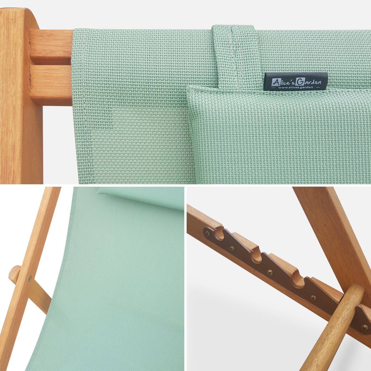 Holzliegestühle - Creus - 2 Liegestühle aus geöltem FSC-Eukalyptus mit graugrünem Kopfstützenkissen Photo4