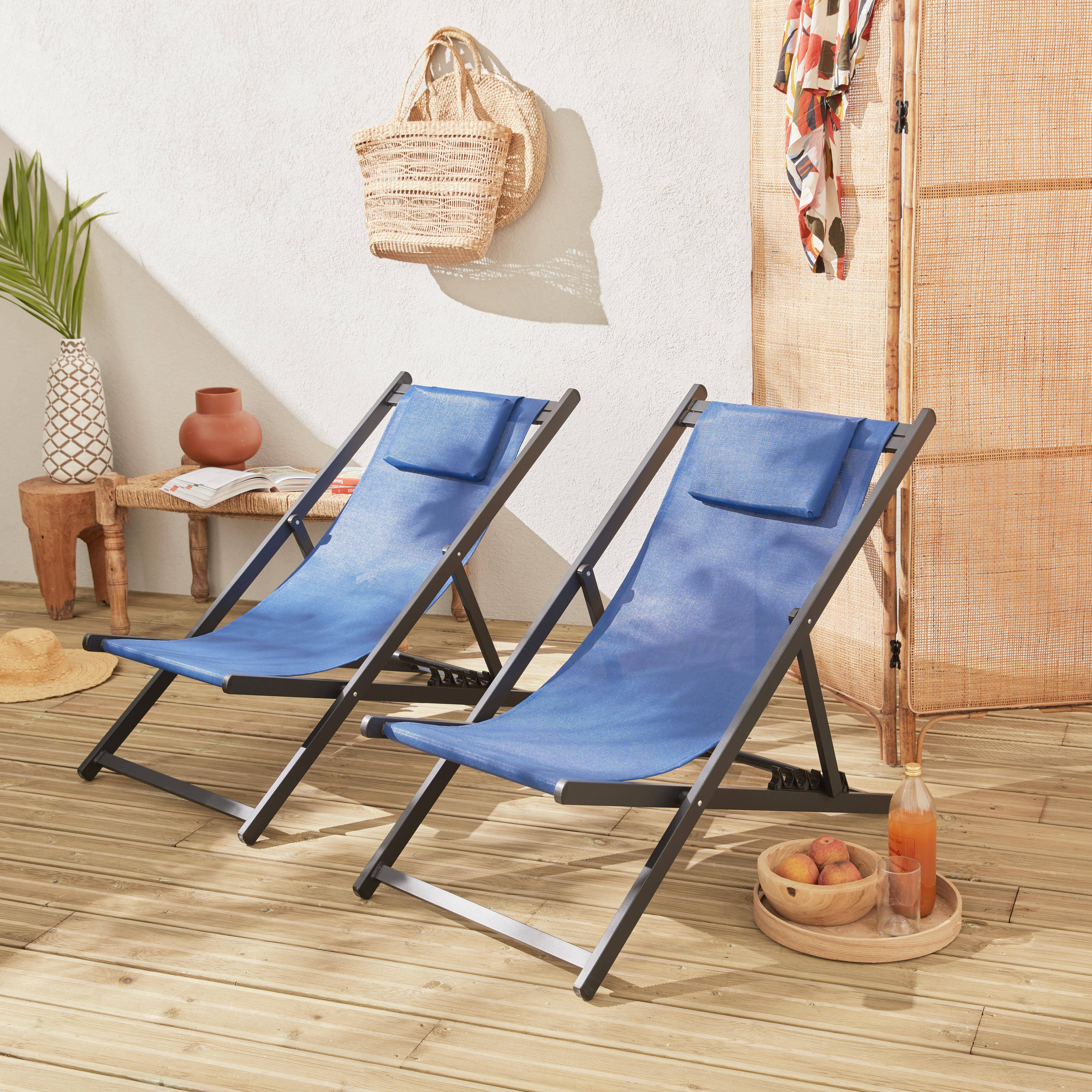Set mit 2 Sonnenliegen - Gaia grau - Liegestuhl aus anthrazitfarbenem Aluminium und nachtblau Textilene mit Kopfstützenkissen, Liegestuhl Photo1