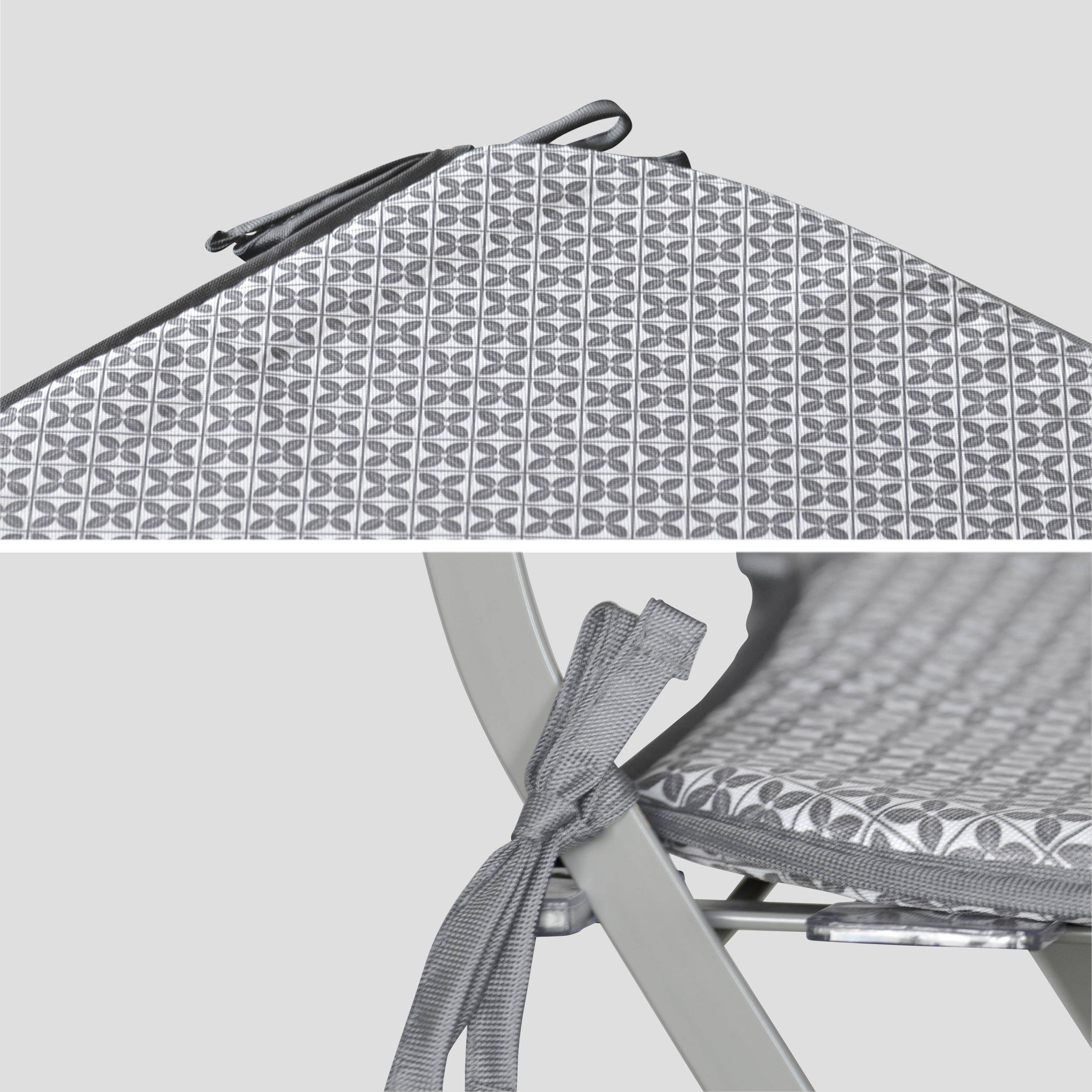 Lot de 4 galettes de chaise – 40 x 40cm –  Coussin réversible Imprimé carreaux de ciment/couleur unie, assise avec fixation à nœuds, bords gansés Photo3