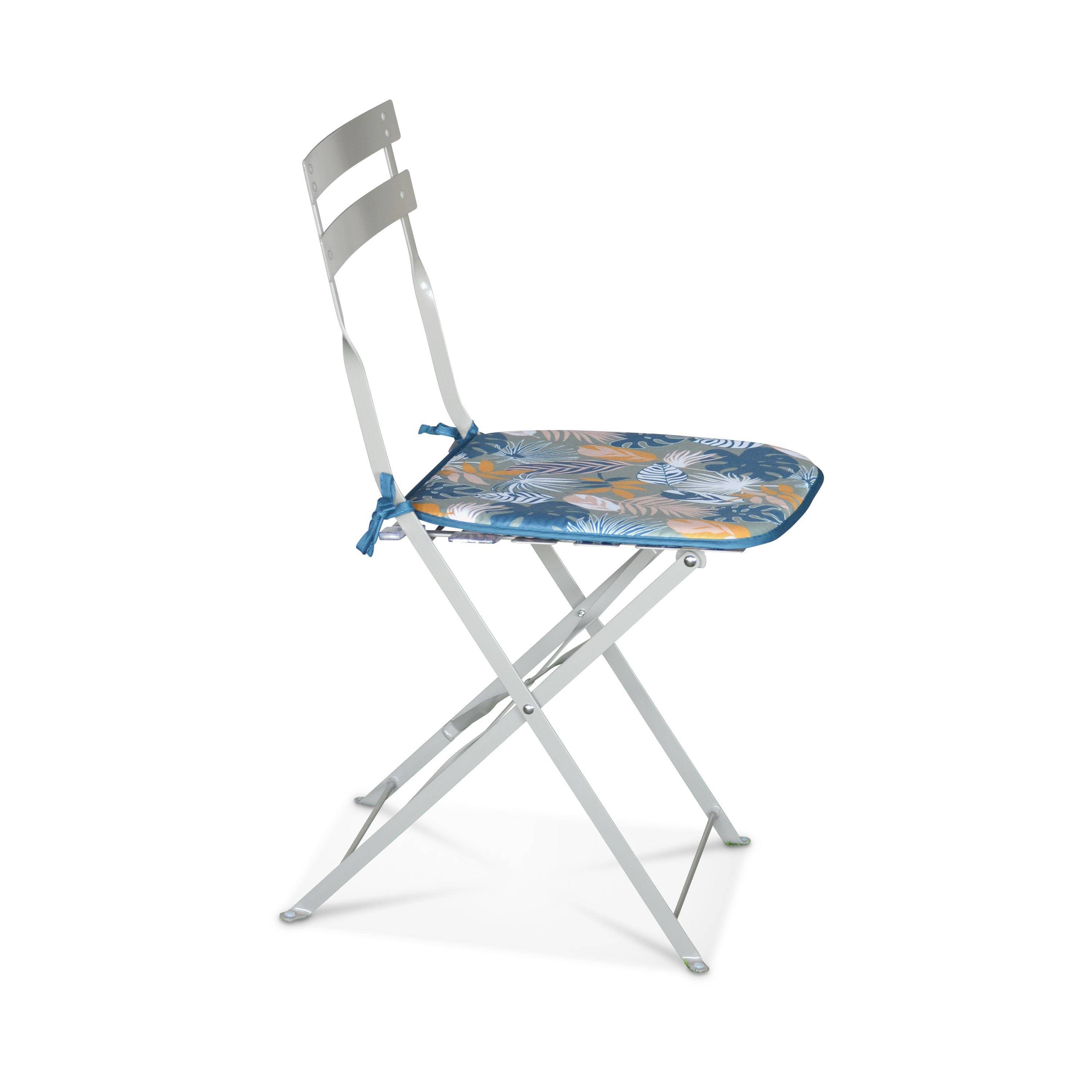 Collection EXOTIQUE - Lot de 4 galettes de chaise – 40 x 40cm – Coussin réversible imprimé exotique/ couleur unie, assise avec fixation à nœuds, bords gansés Photo2