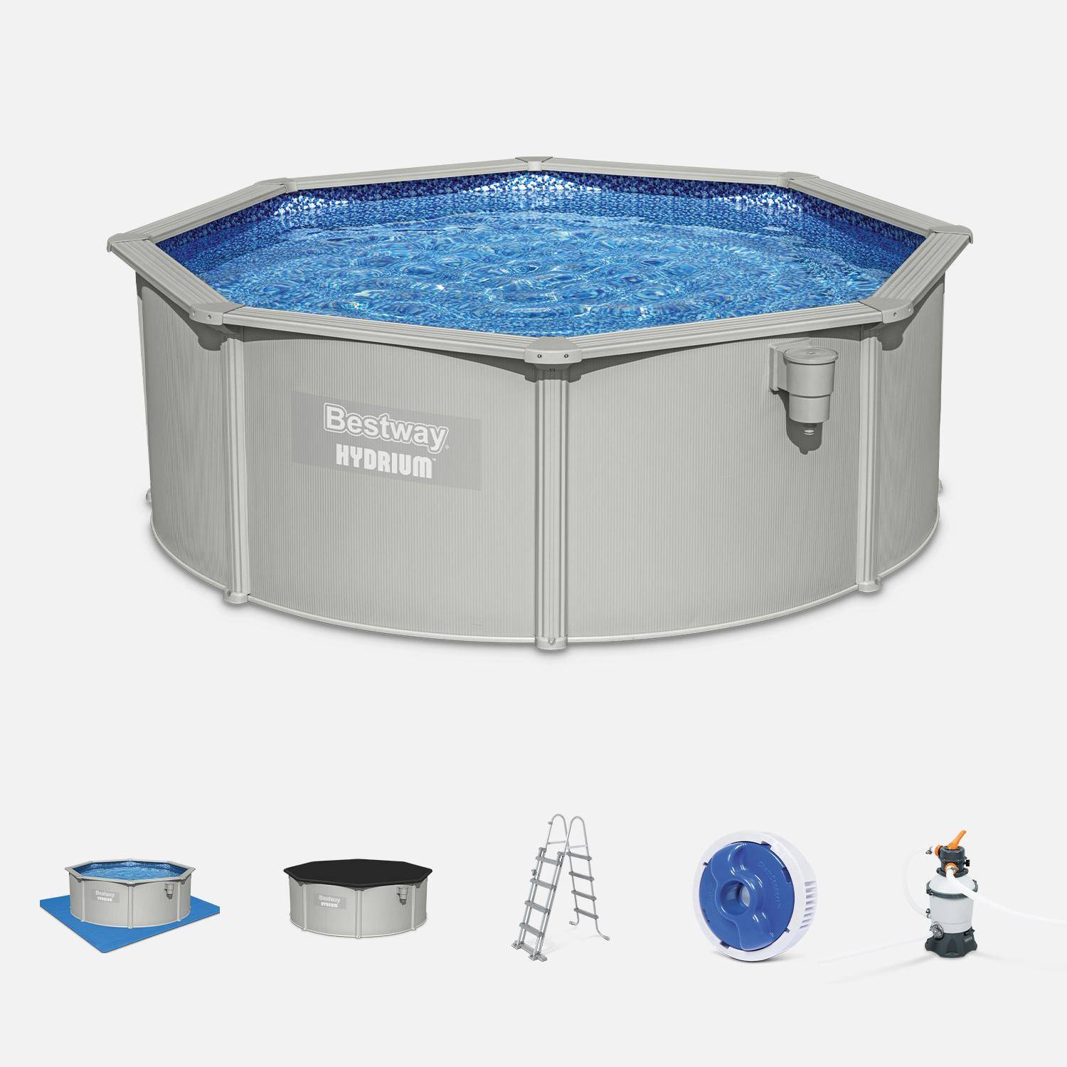 Kit de piscina Torrens de aço inoxidável, redondo Ø360cm, branco com filtro de areia, tapete de chão, cobertura e escada Photo1