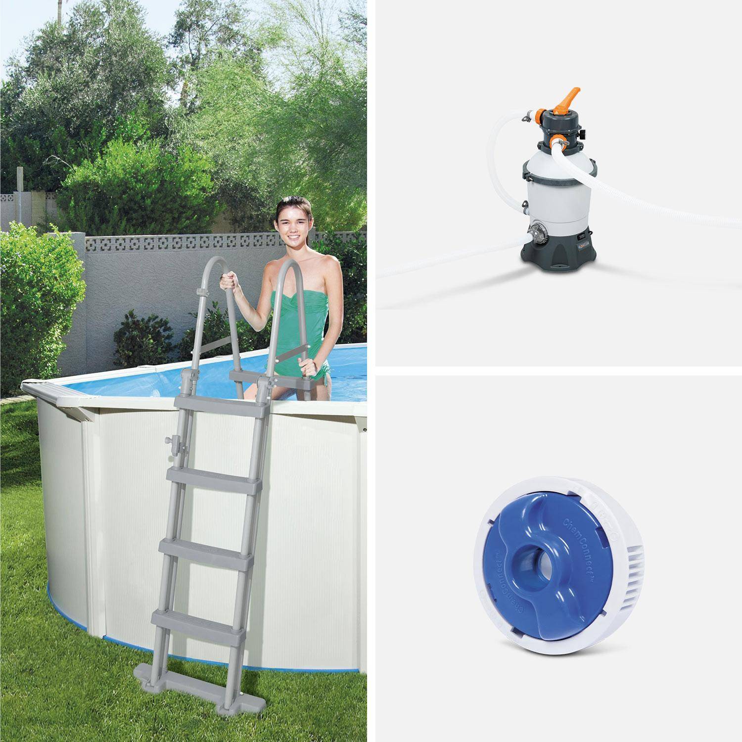 Kit de piscina Torrens de aço inoxidável, redondo Ø360cm, branco com filtro de areia, tapete de chão, cobertura e escada Photo5