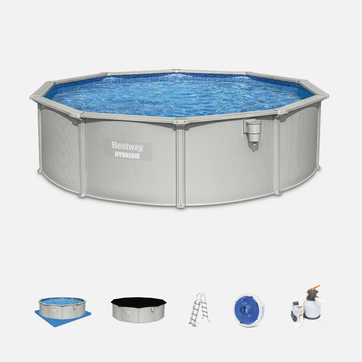 Kit de piscina Torrens de aço inoxidável, redondo Ø460cm, branco com filtro de areia, tapete de chão, cobertura e escada Photo1