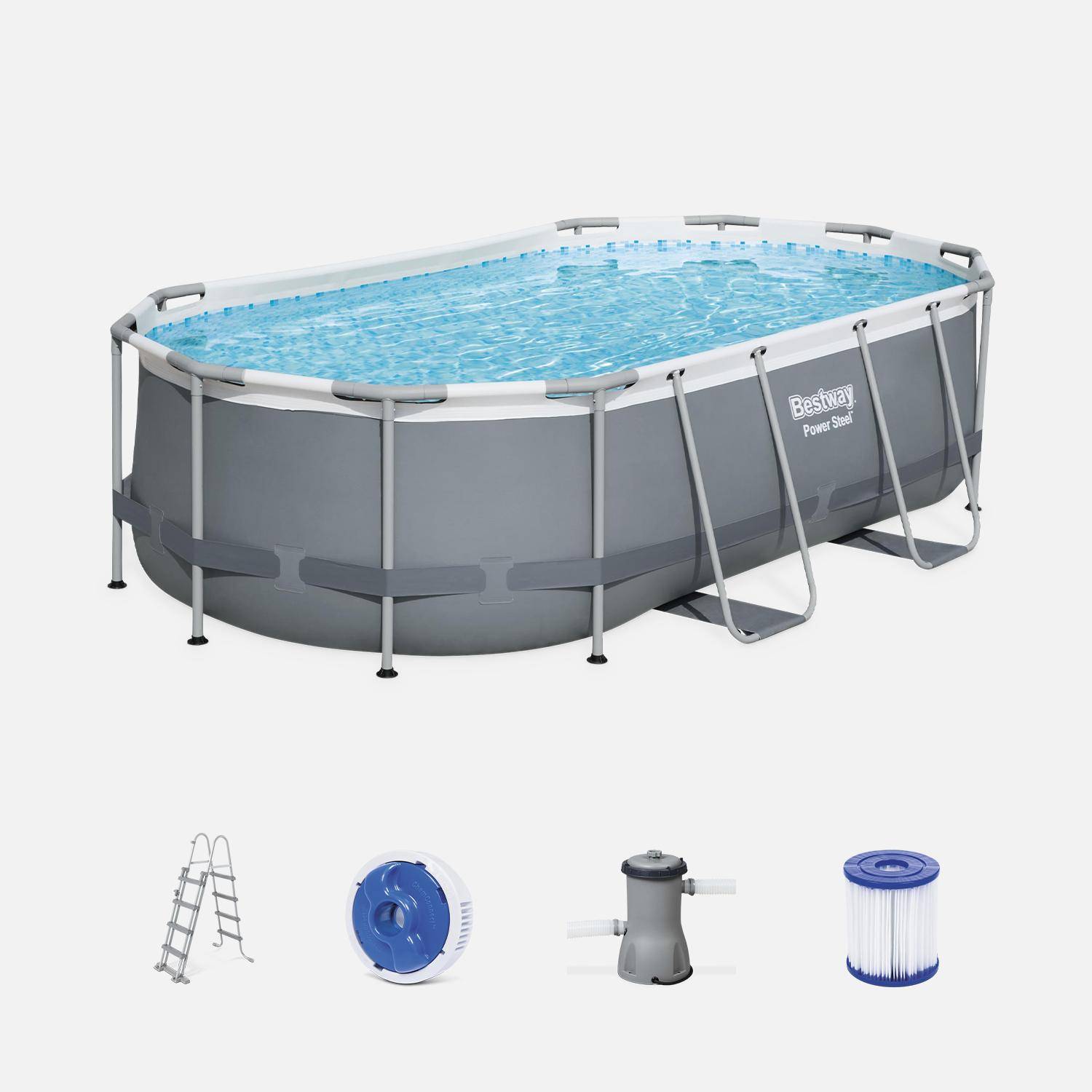 Kit piscine complet BESTWAY – Spinelle grise – piscine ovale tubulaire 4x2 m, pompe de filtration, échelle et kit de réparation inclus  Photo2