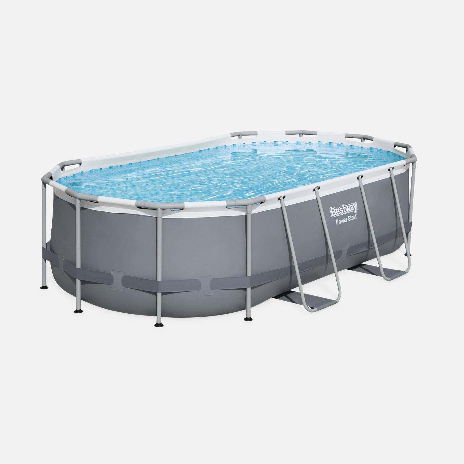 Kit piscine complet BESTWAY – Spinelle grise – piscine ovale tubulaire 4x2 m, pompe de filtration, échelle et kit de réparation inclus  Photo3
