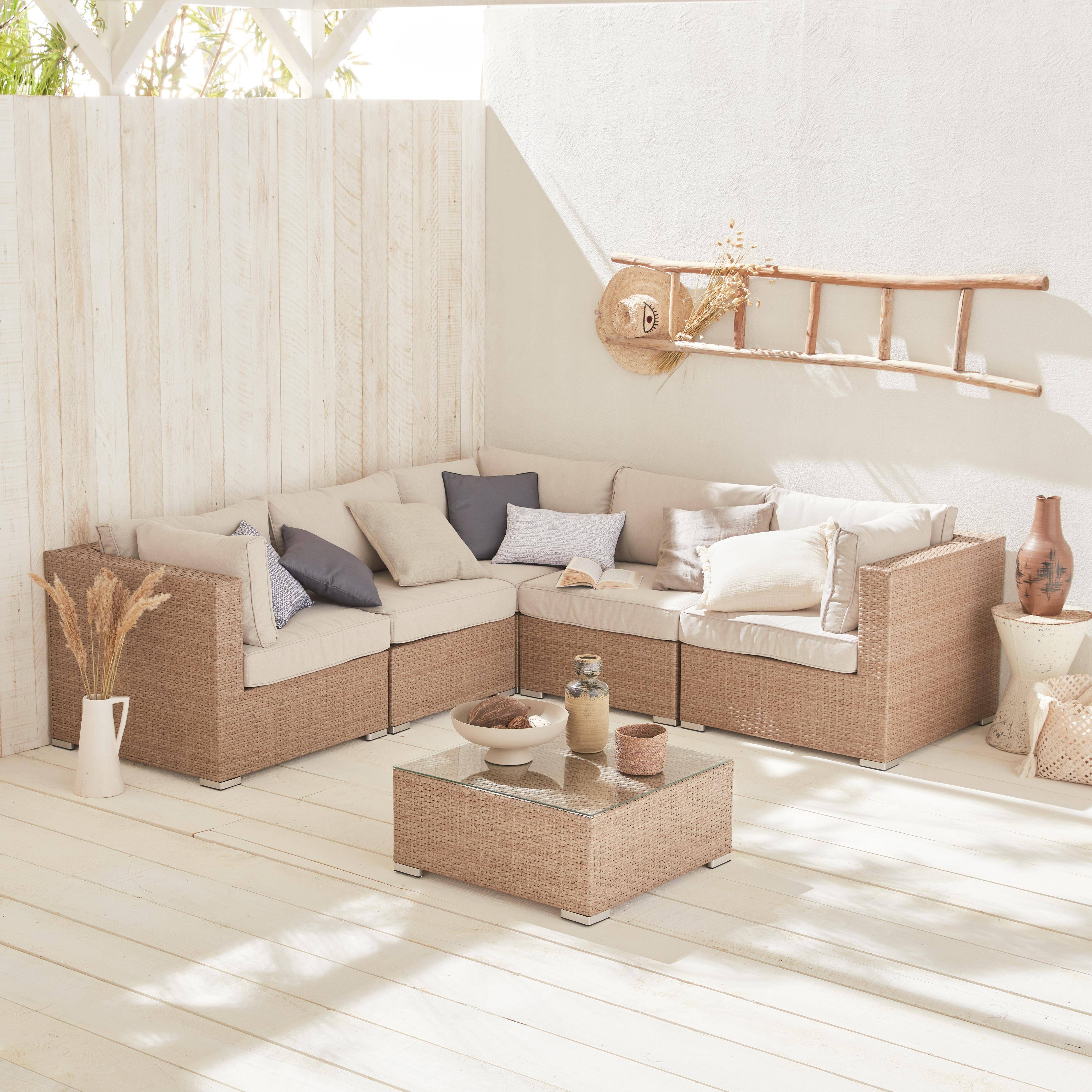 Muebles de jardin, conjunto sofa de exterior, Varios tonos de Beige, 5 plazas, ratan sintetico, resina trenzada - NAPOLI Photo1
