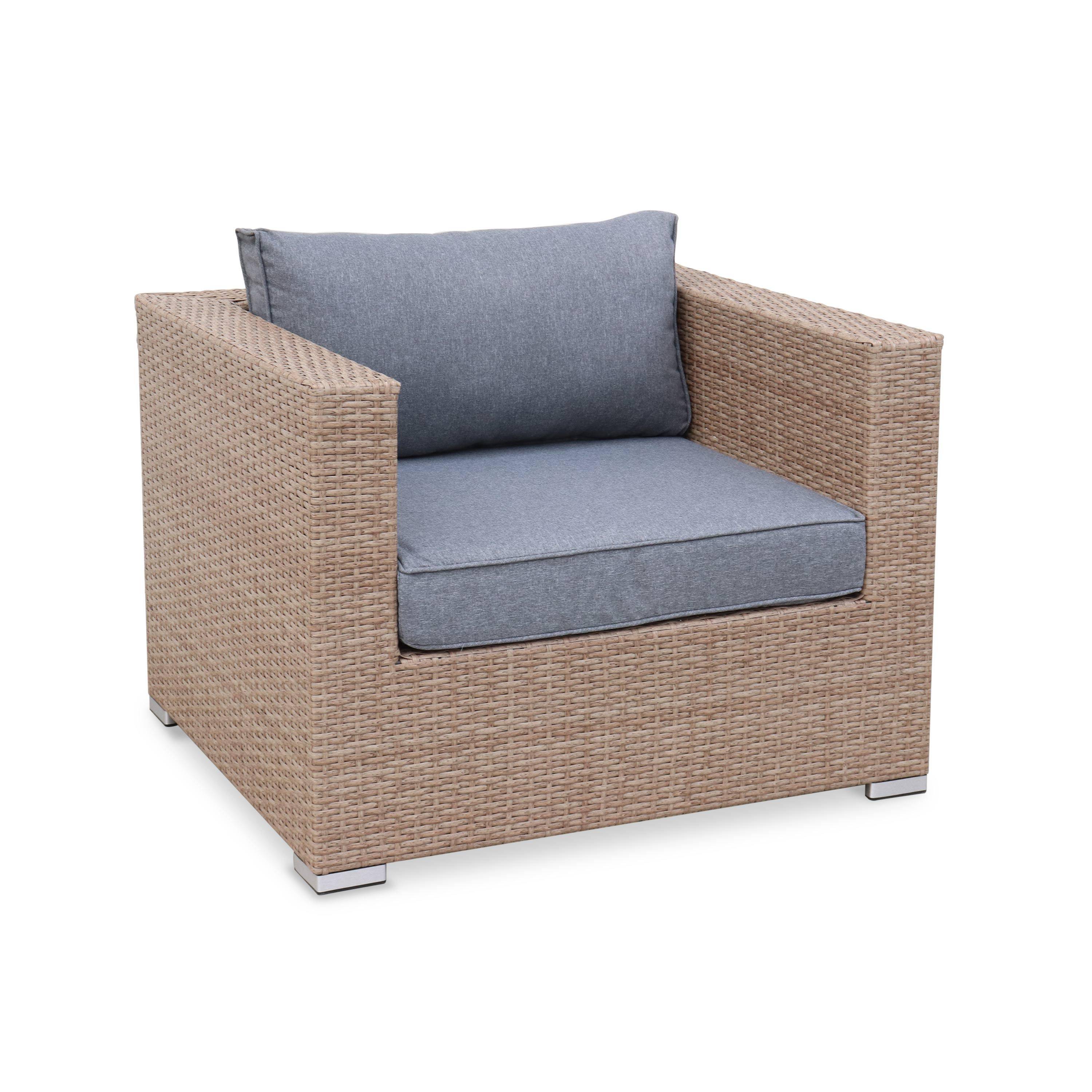 Gartengarnitur, Sessel + Hocker aus Kunststoffrattan Beige, Grau meliert Kissen Photo3
