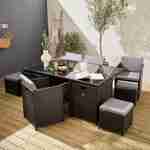 Salon de jardin 6-10 places - Vabo - Coloris Noir, Coussins gris, table encastrable. Photo1