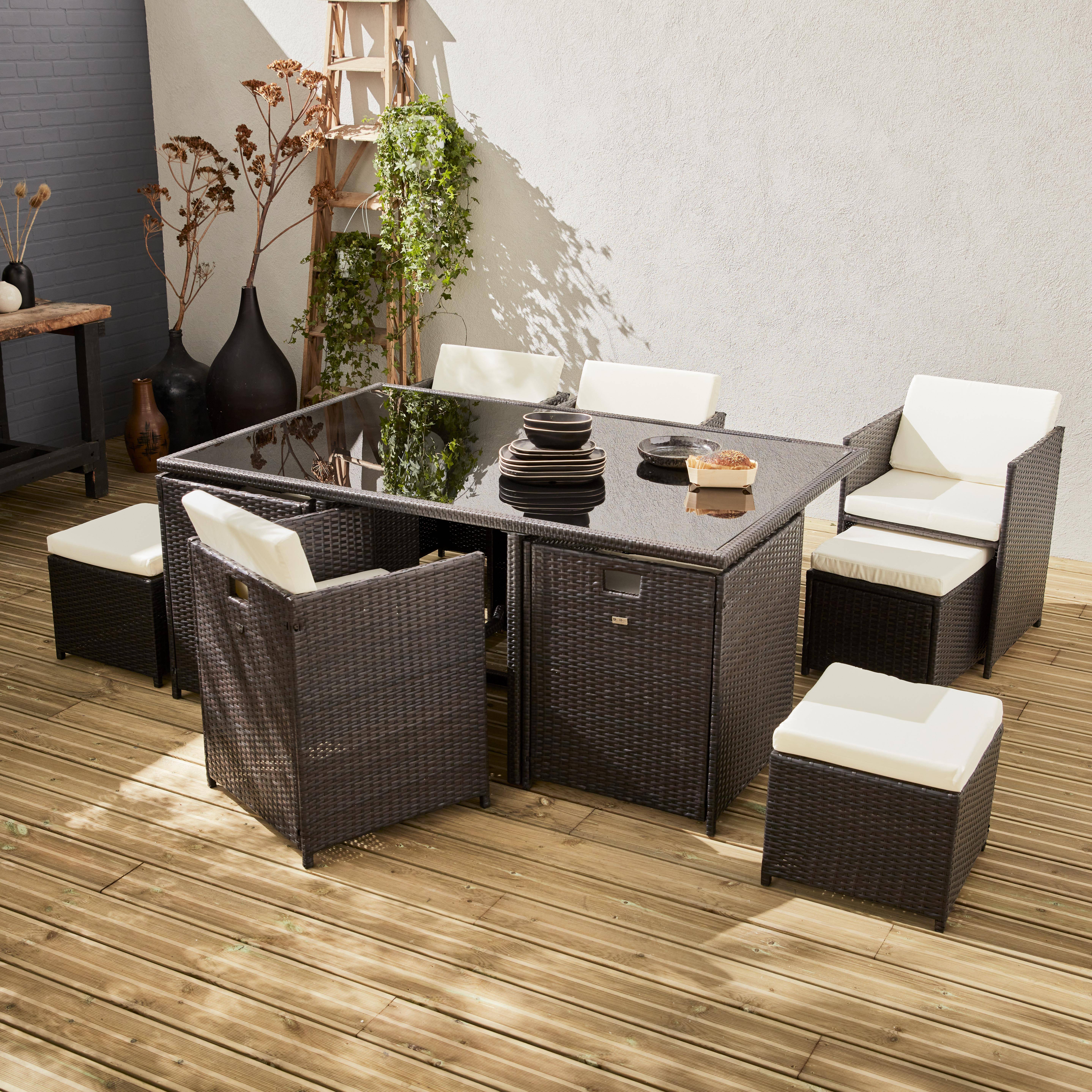 Conjunto de muebles de jardín 6-10 plazas - Vabo- Color marrón, cojines color crudo, mesa incorporada. Photo1