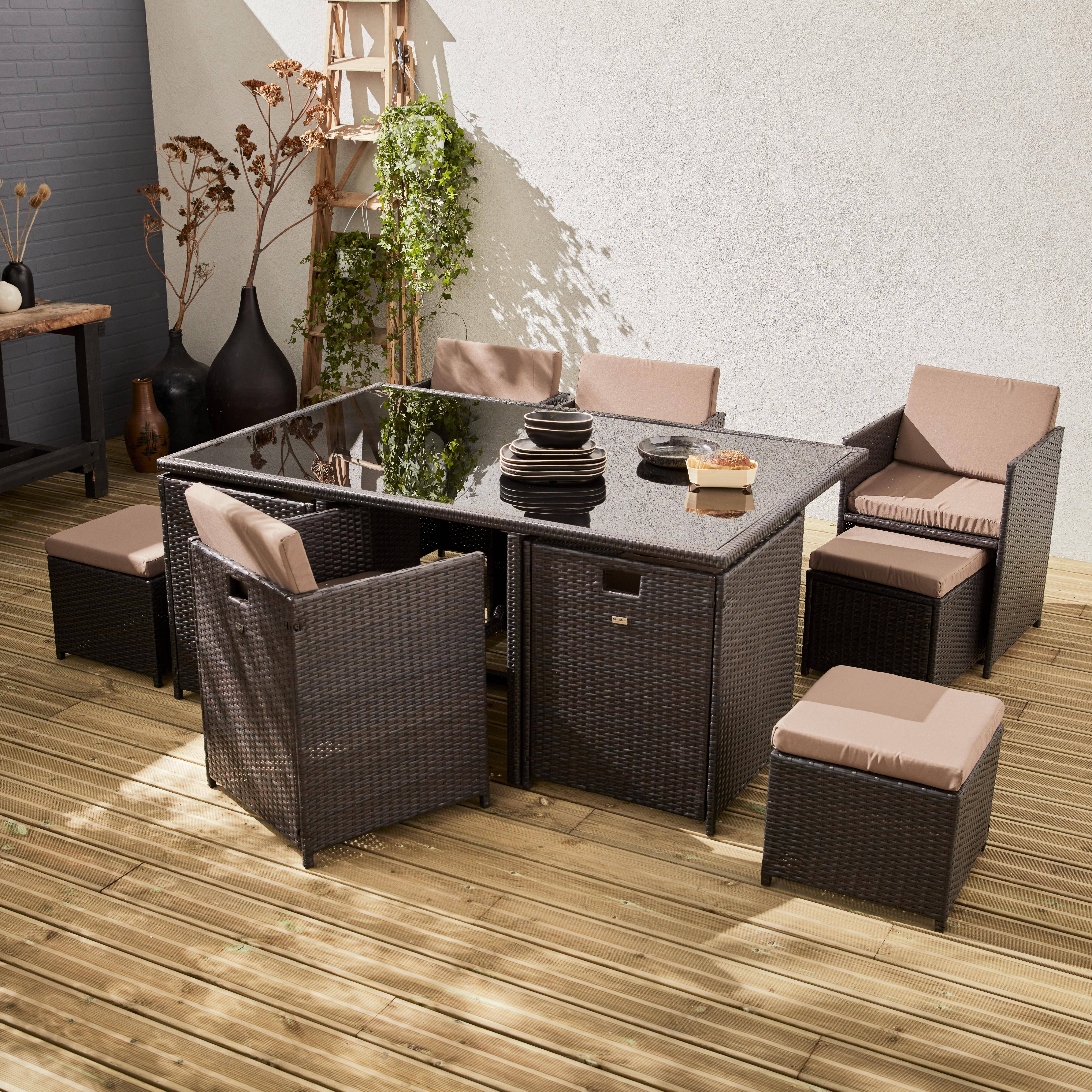 Conjunto de muebles de jardín 6-10 plazas - Vabo- Color marrón, cojines color pardo, mesa incorporada. Photo1