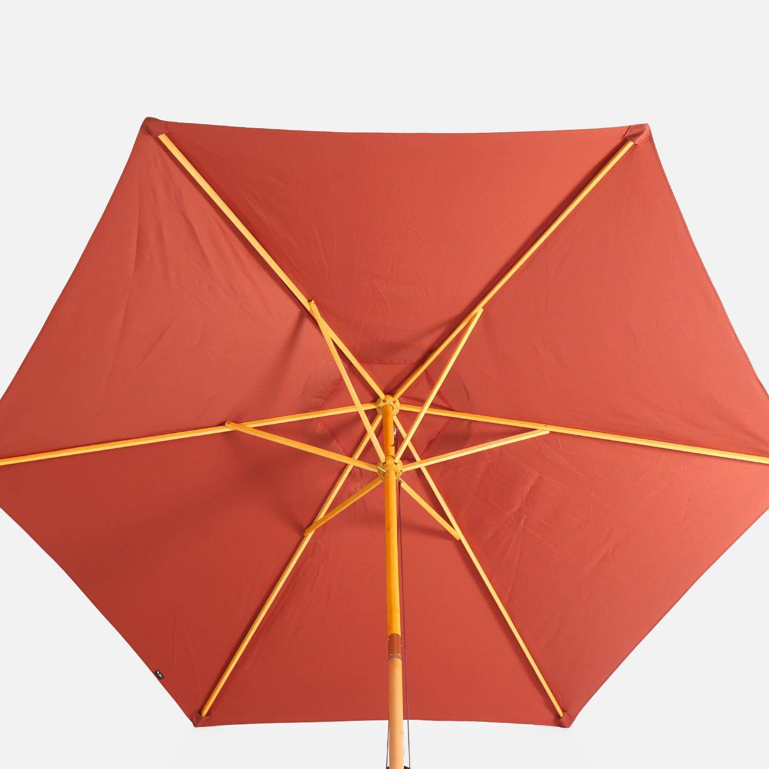 Ronde houten parasol Ø290cm, centrale houten mast, handmatig openingssysteem, katrol Photo3