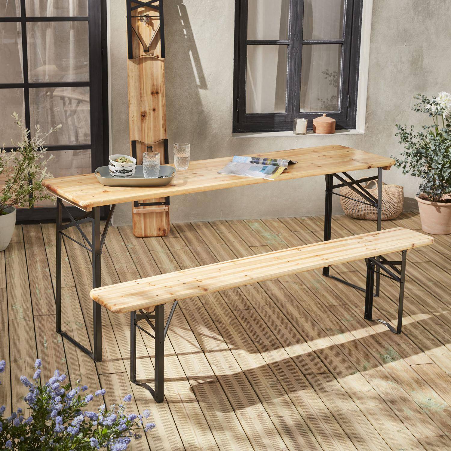 Table en bois 180cm avec 2 bancs – BAYONNE – Esprit brasserie, pliable, 6 personnes Photo2