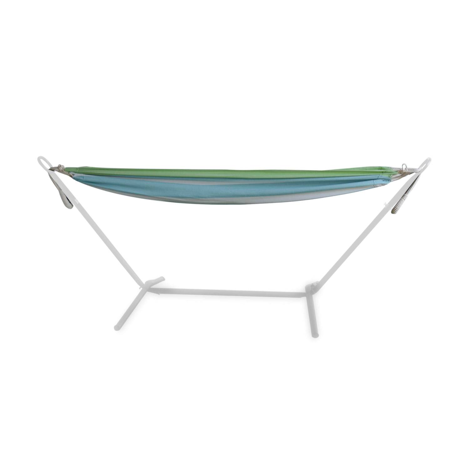 Hangmat voor 1 persoon, 100% katoen, 110x220cm, blauw en groen gestreept, met touwen en karabijnhaken Photo1