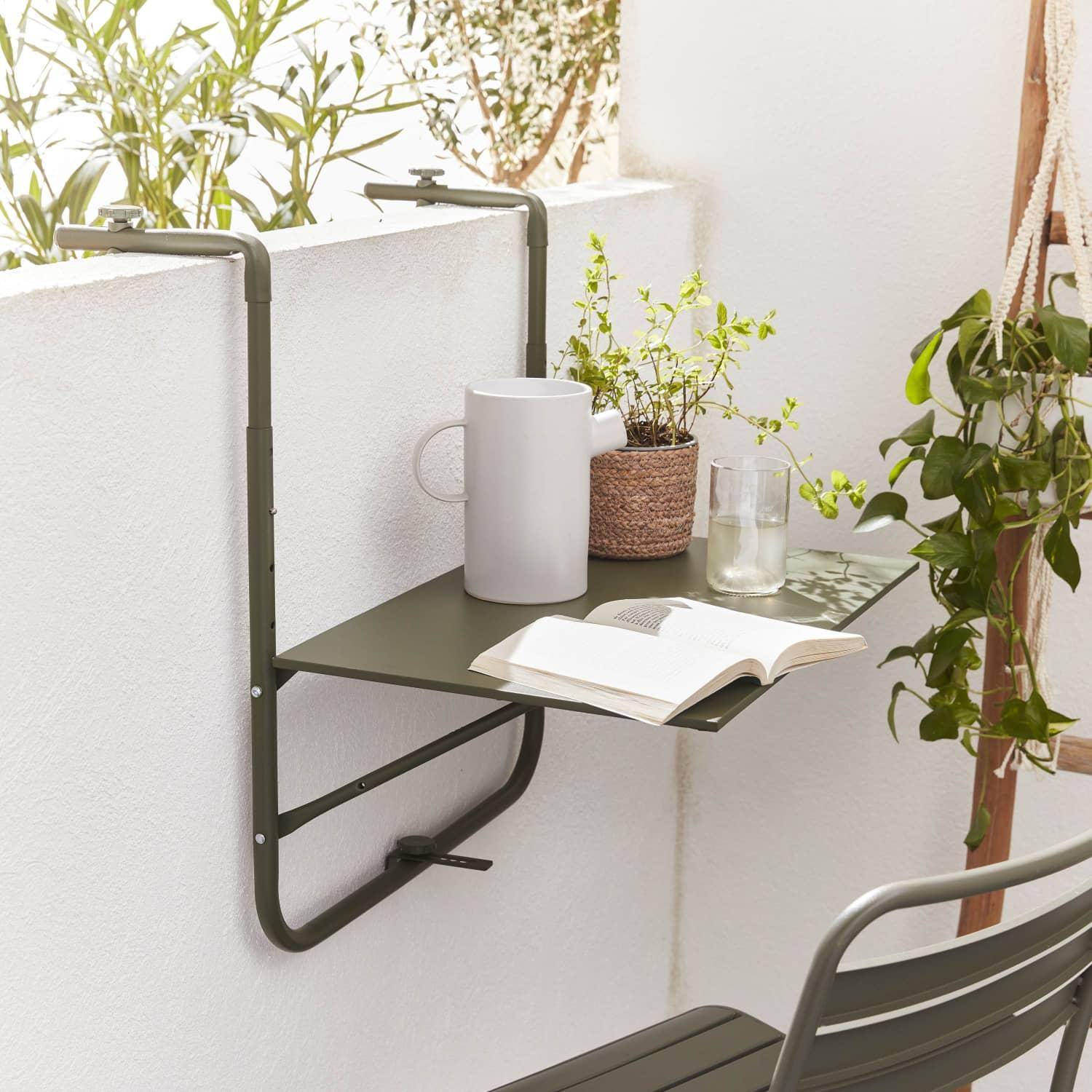 Table de balcon en acier vert, table suspendue , plateau de  60 x 43 cm, hauteur et accroche réglables, tablette rabattable  Photo1