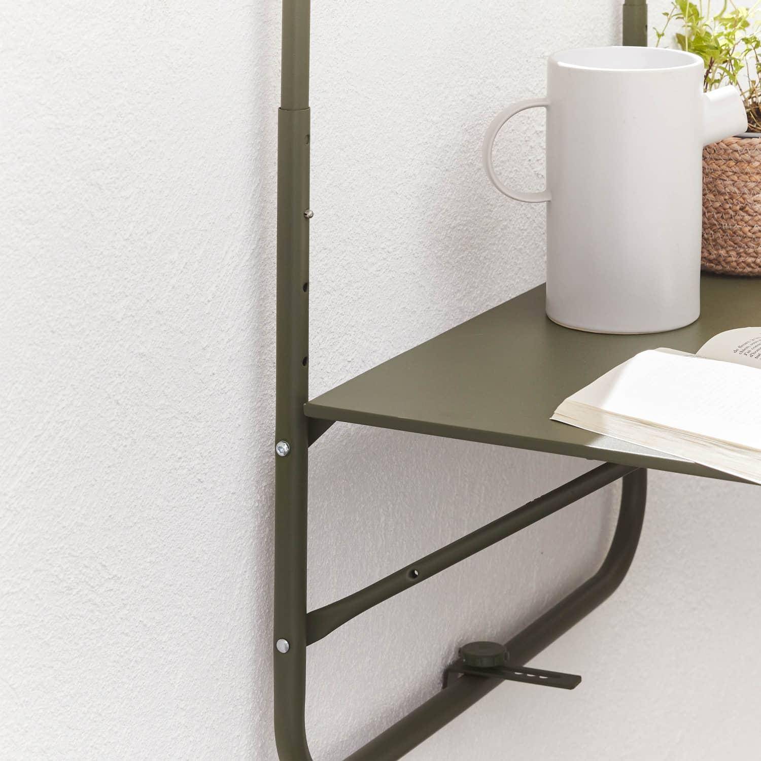 Balkontafel van groen staal, hangtafel, tafelblad 60 x 43 cm, haken en hoogte verstelbaar, uitklapbaar blad  Photo3