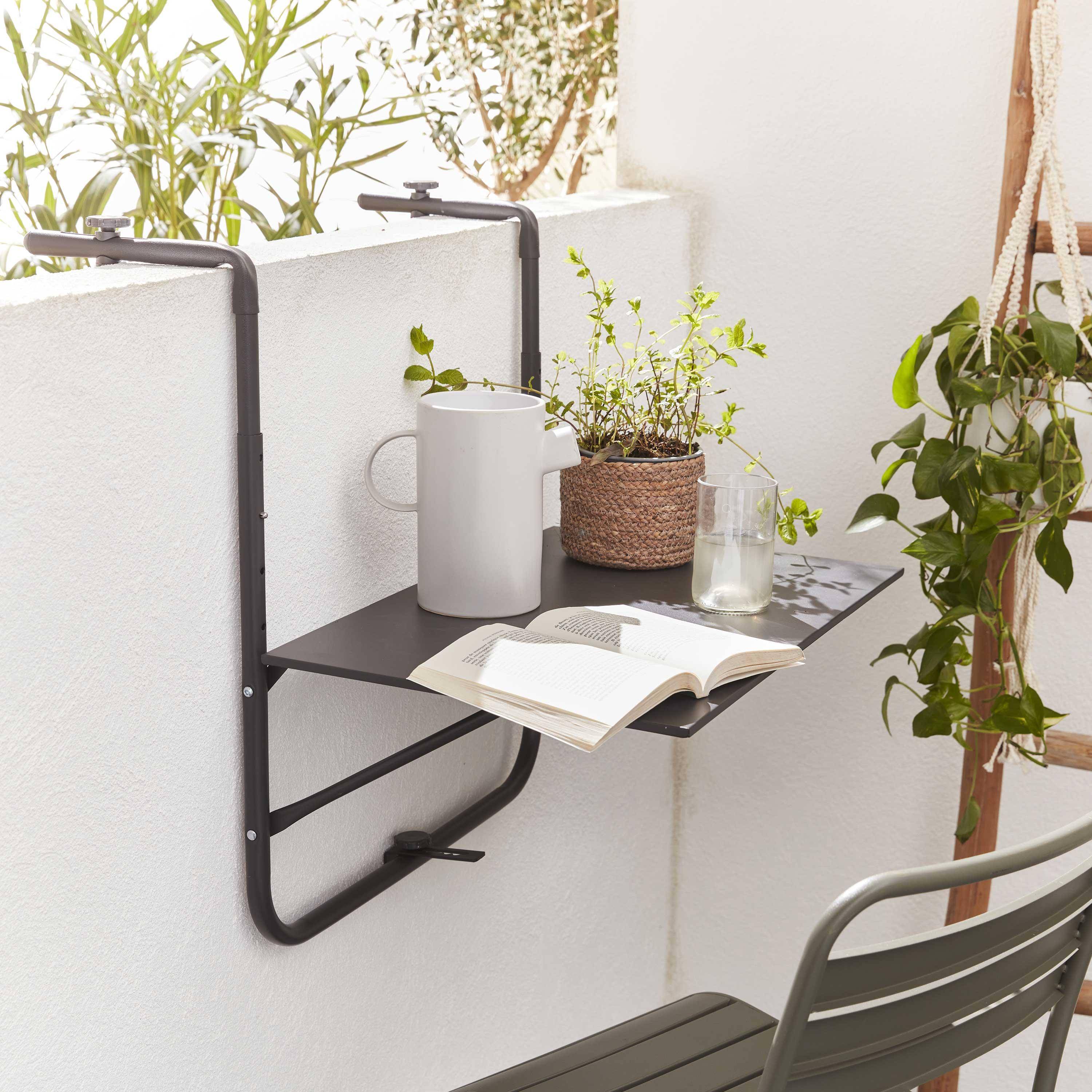 Table de balcon en acier gris clair, table suspendue , plateau de  60 x 43 cm, hauteur et accroche réglables, tablette rabattable  Photo1