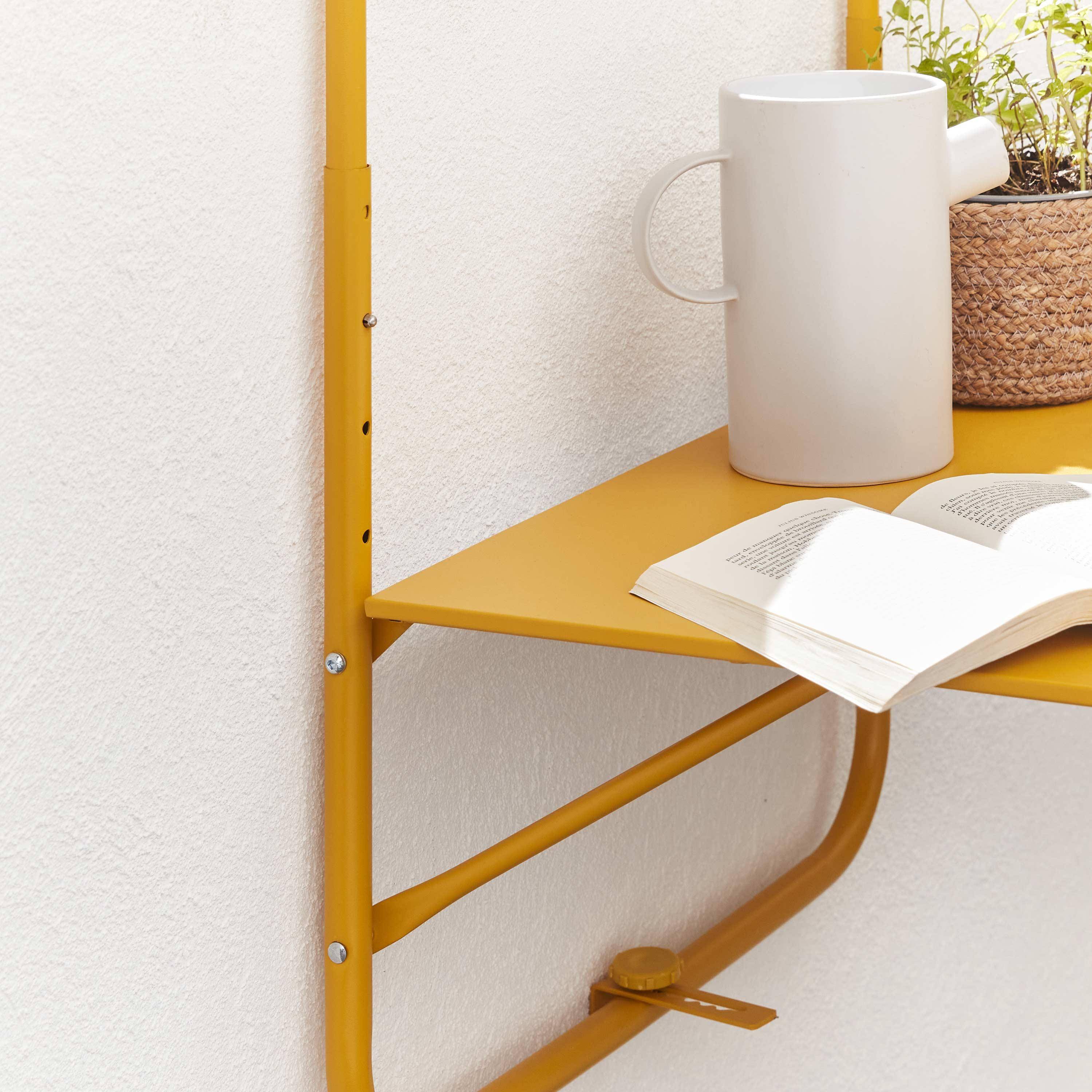 Balkontafel van geel staal, hangtafel, tafelblad 60 x 43 cm, haken en hoogte verstelbaar, uitklapbaar blad  Photo2