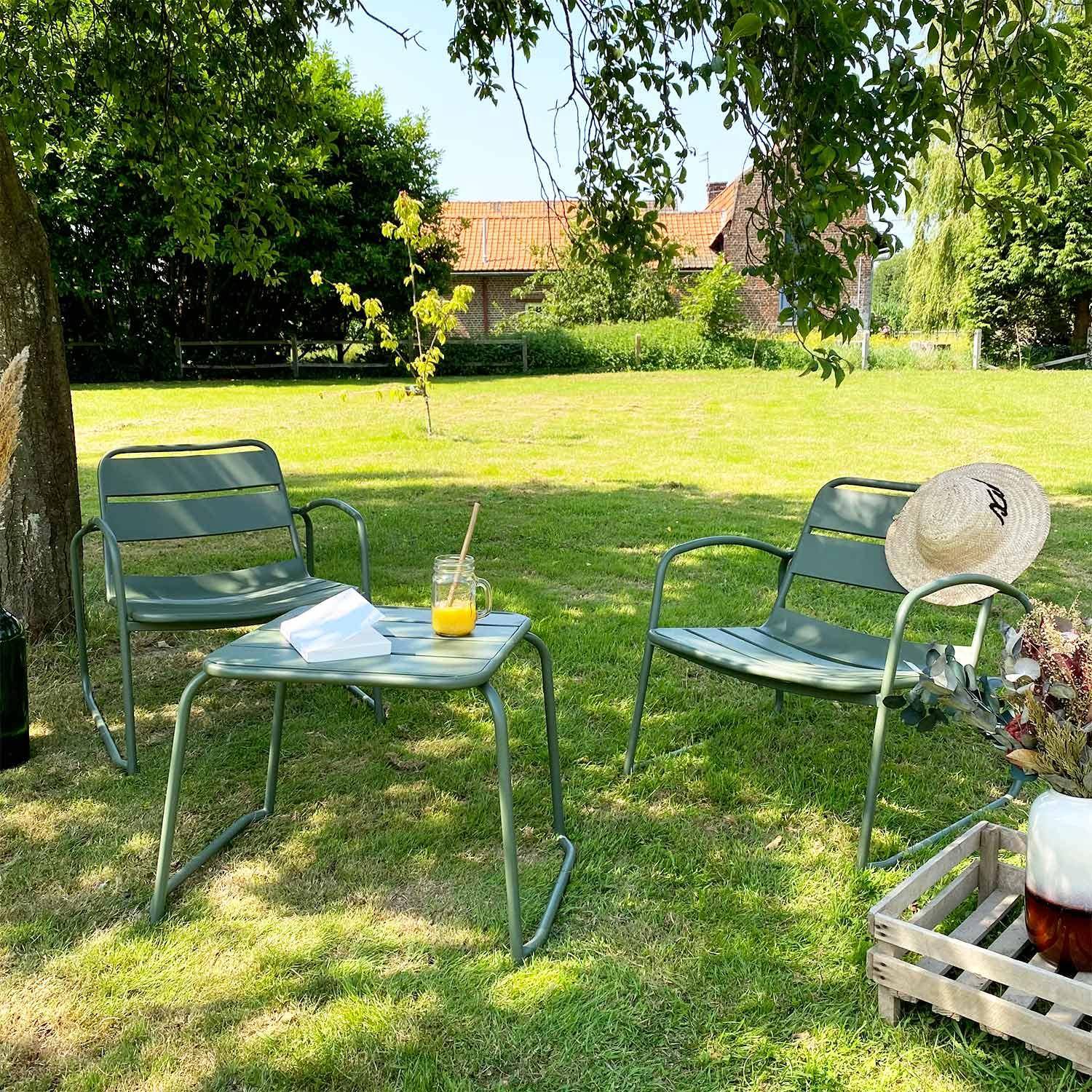 Suzana - set de jardin relax en métal 2 personnes vert de gris foncé 2 fauteuils 1 table d'appoint Photo1
