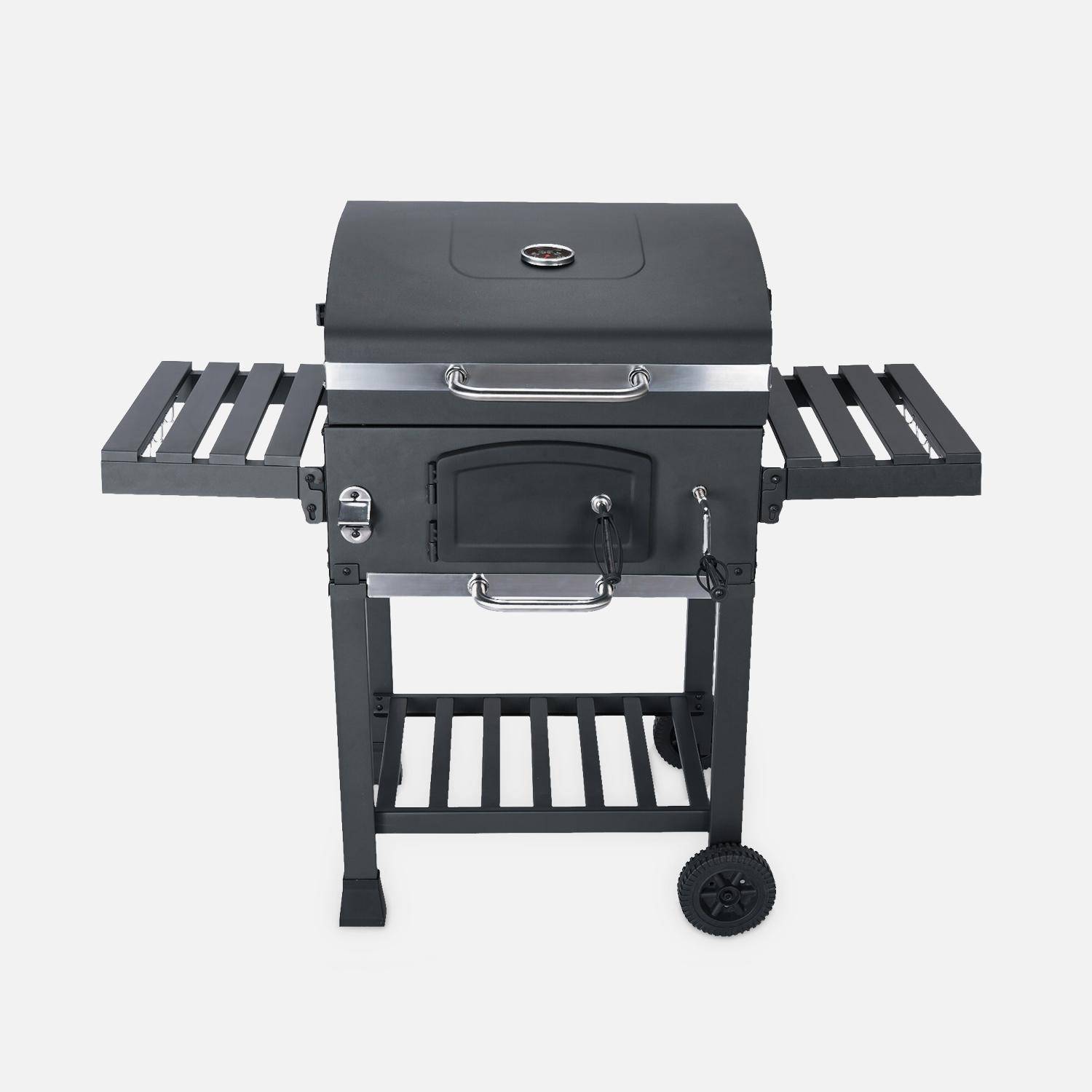 Barbecue Grill charbon de bois noir - Fumoir avec récupérateur de cendres, aérateurs, bac charbon ajustable et tablettes rabattables Photo2