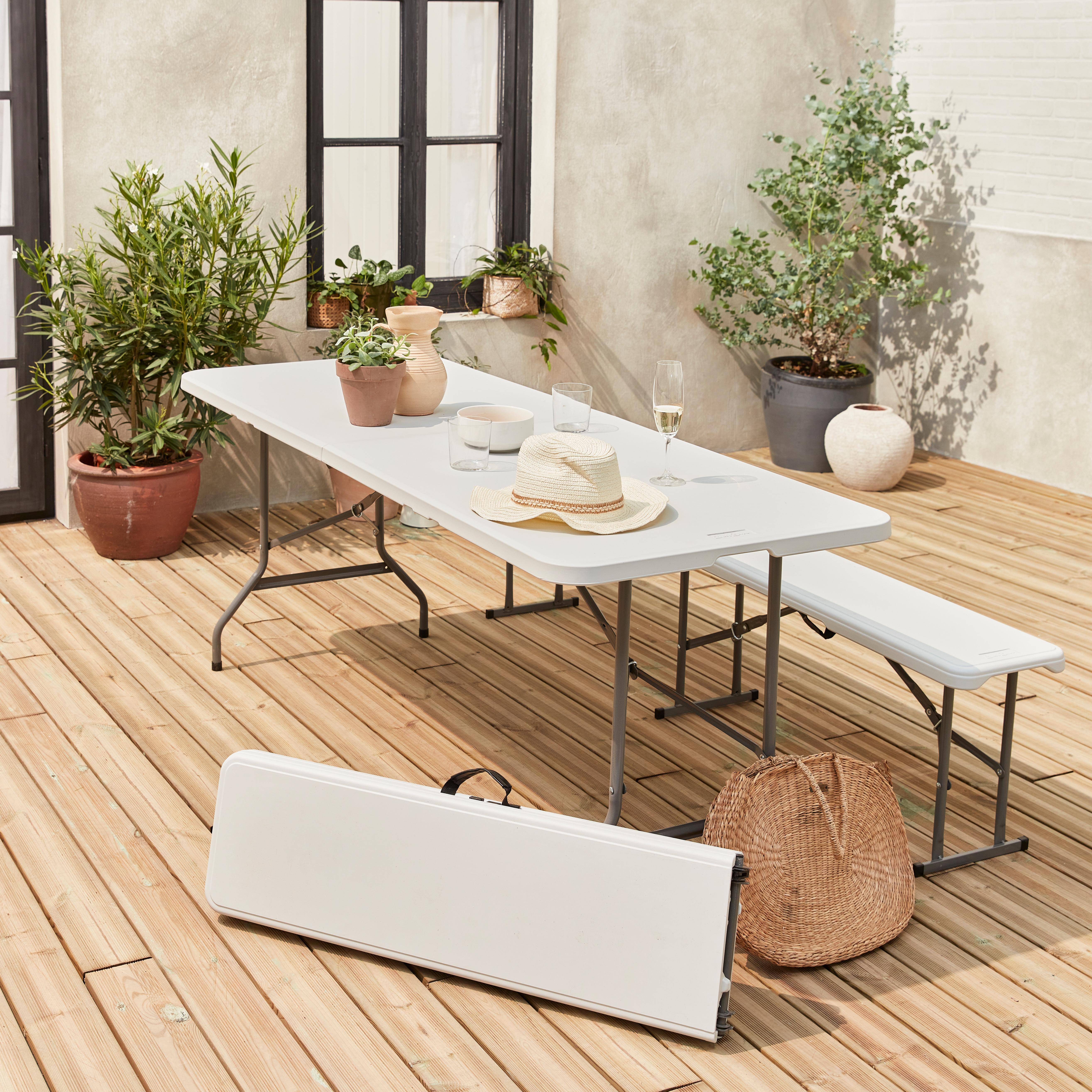 Set tavolo e panca, 180 cm, pieghevole, con maniglia per il trasporto, plastica bianca Photo1