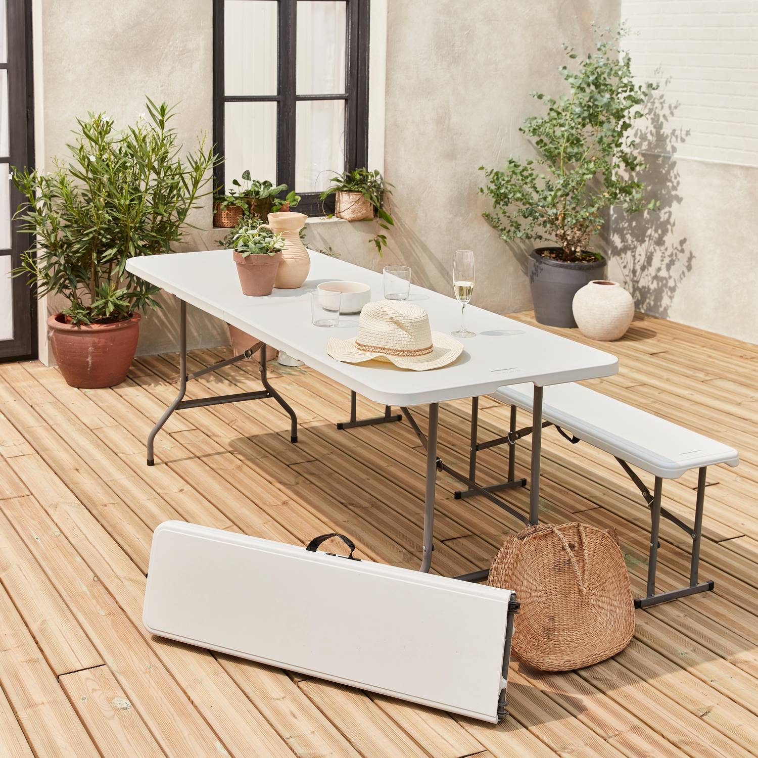 Set de table et bancs de réception, 180cm, pliables, avec poignée de transport, plastique blanc Photo1