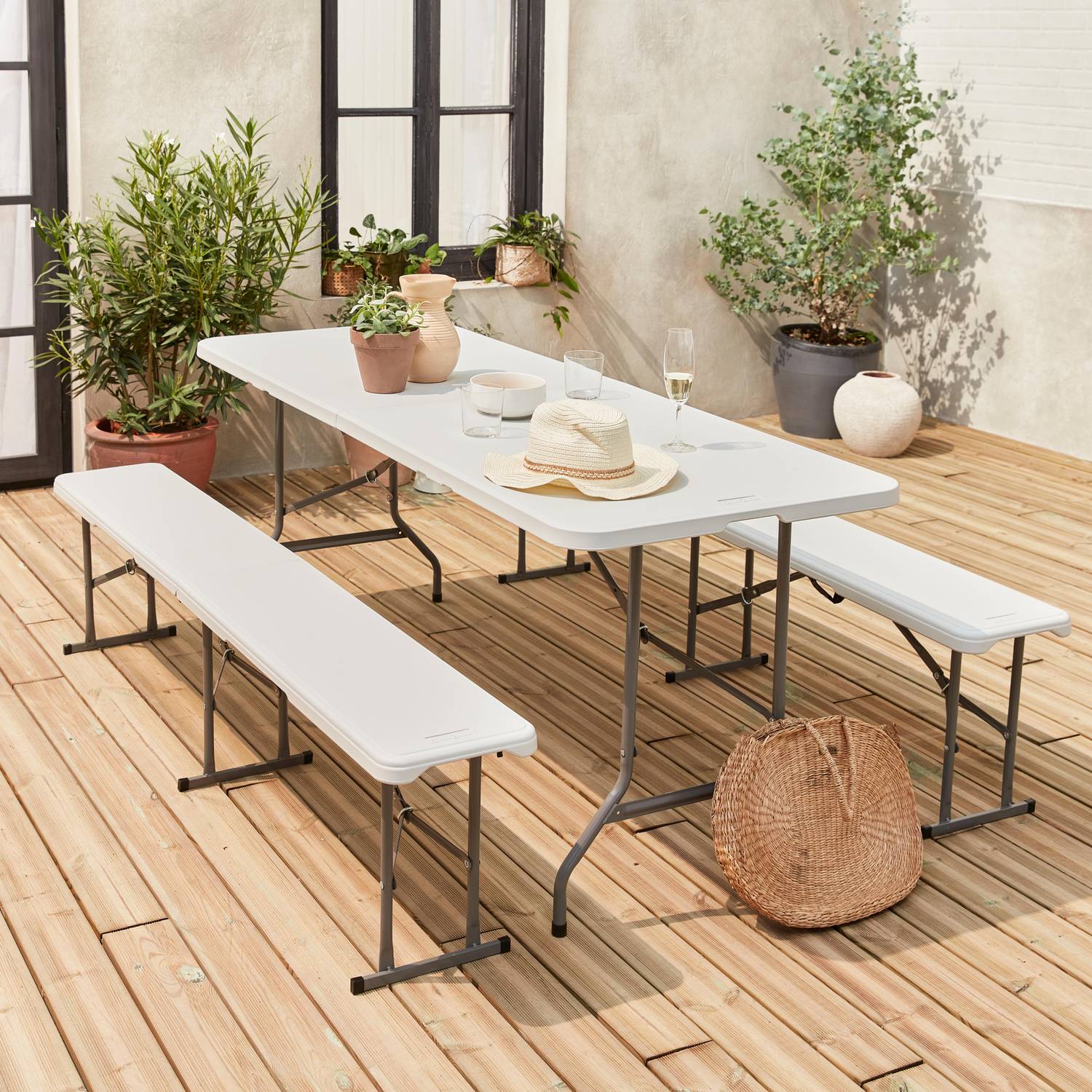 Set de table et bancs de réception, 180cm, pliables, avec poignée de transport, plastique blanc Photo2