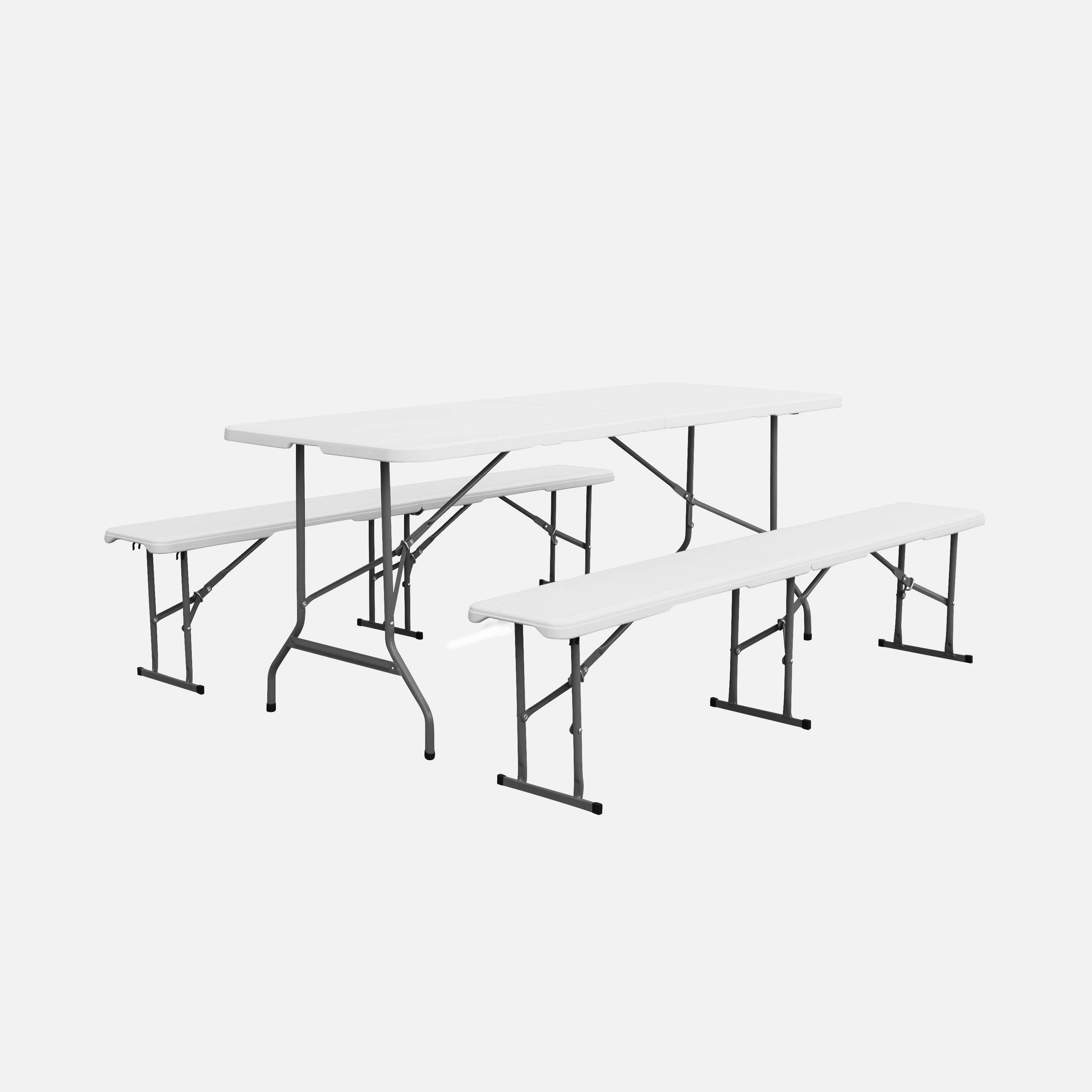 Set tavolo e panca, 180 cm, pieghevole, con maniglia per il trasporto, plastica bianca Photo3