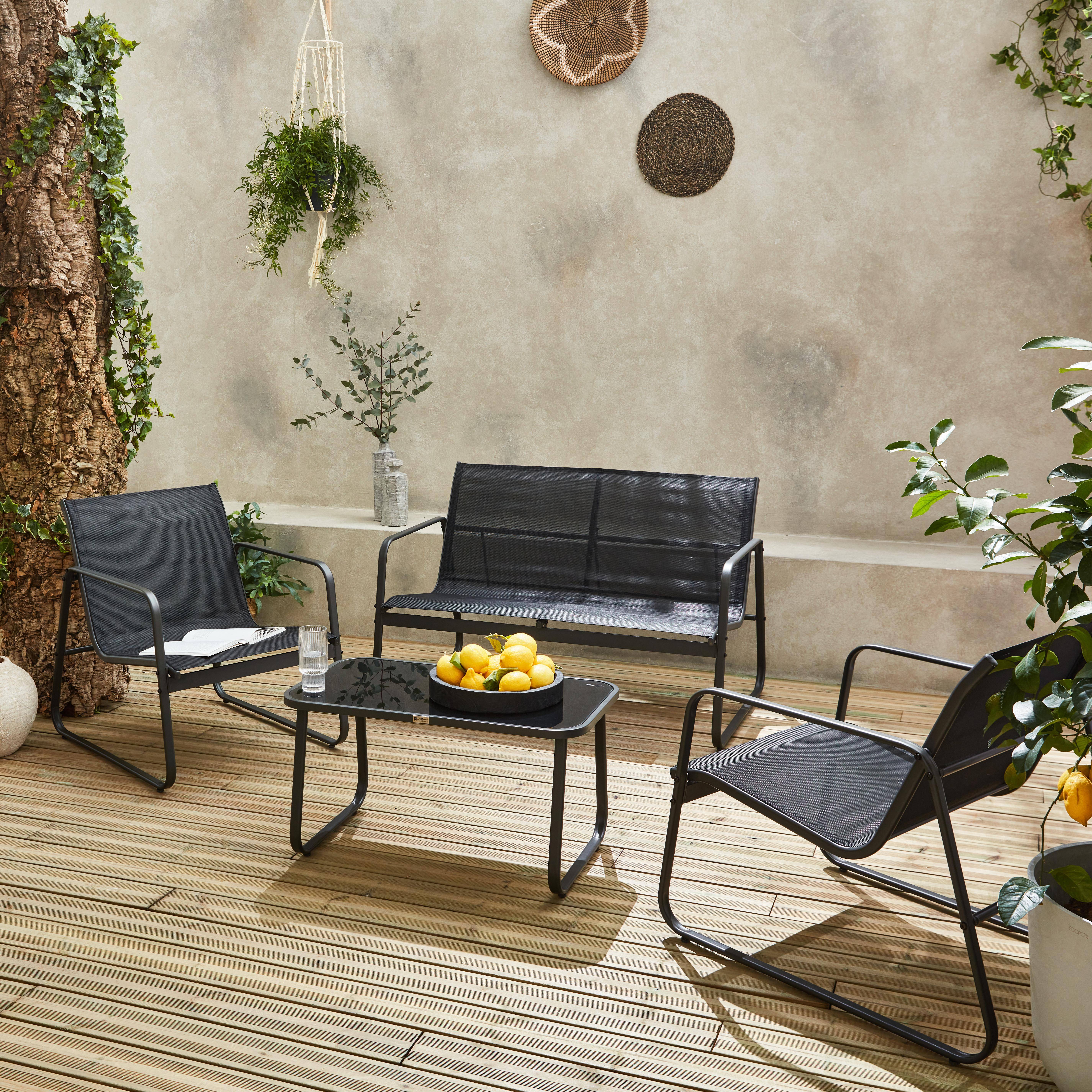 Salon de jardin en métal  et textilène pour 4 personnes, gris foncé et noir, design   Photo1