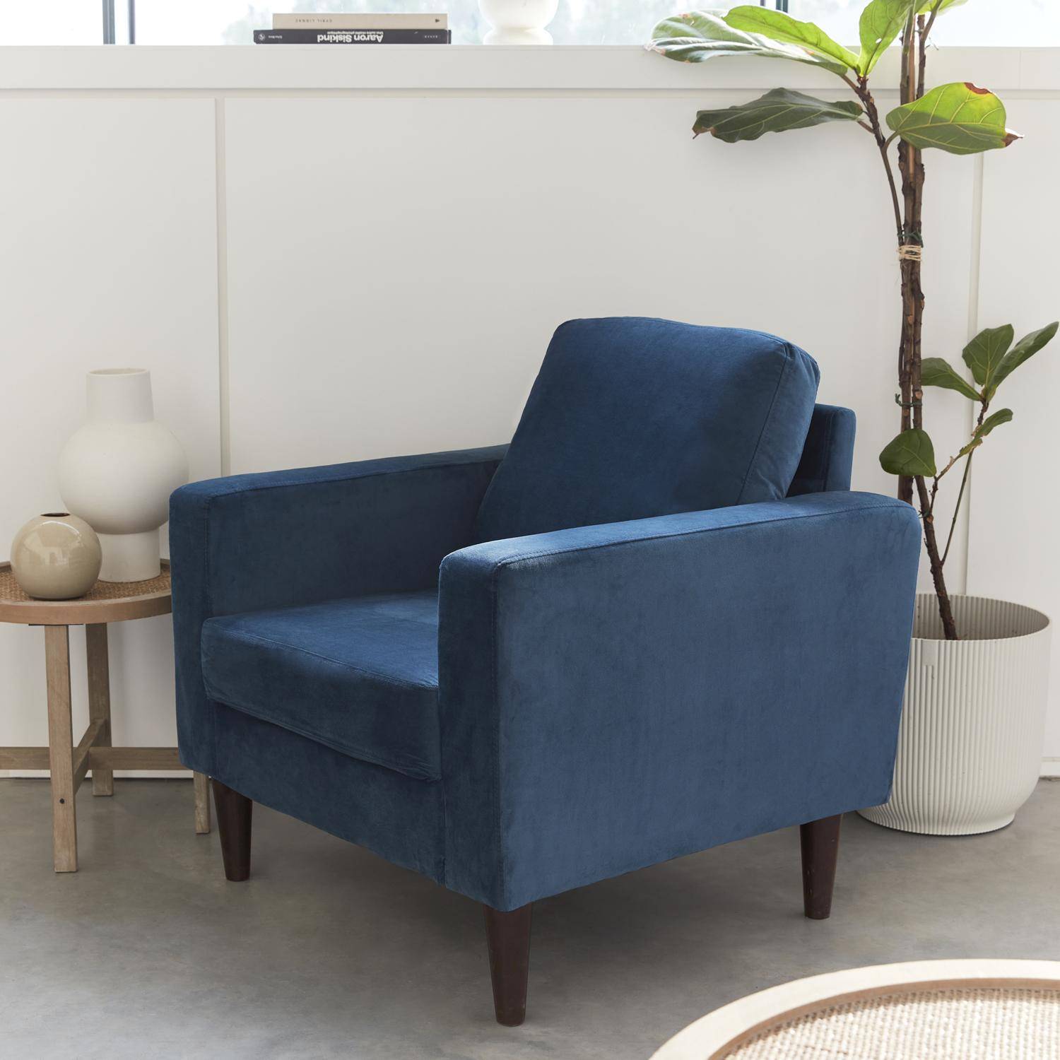 Blauwe velours armstoel - Bjorn - 1-zits sofa, rechte houten poten Photo2