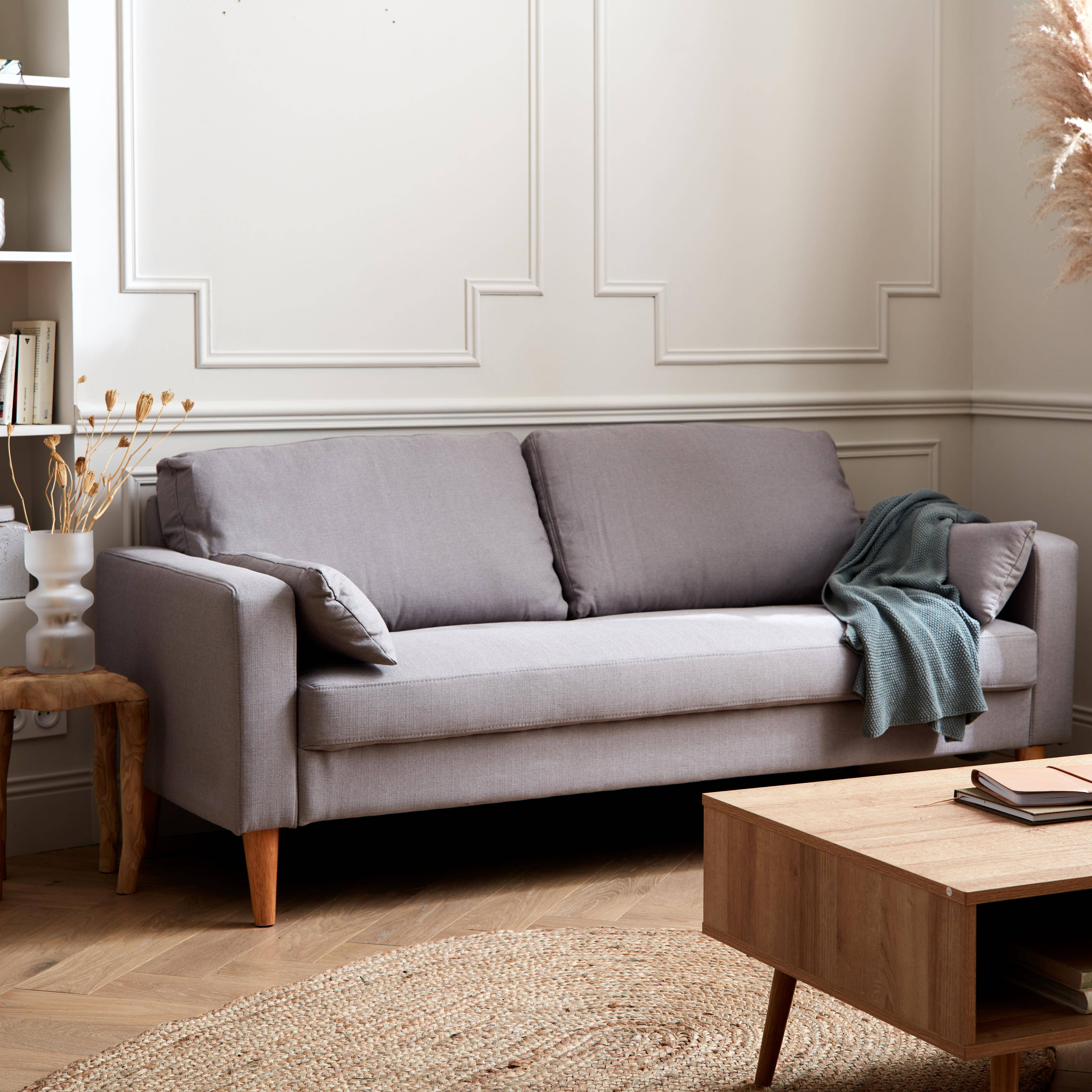 Canapé en tissu gris clair - Bjorn - Canapé 3 places fixe droit pieds bois, style scandinave   Photo1