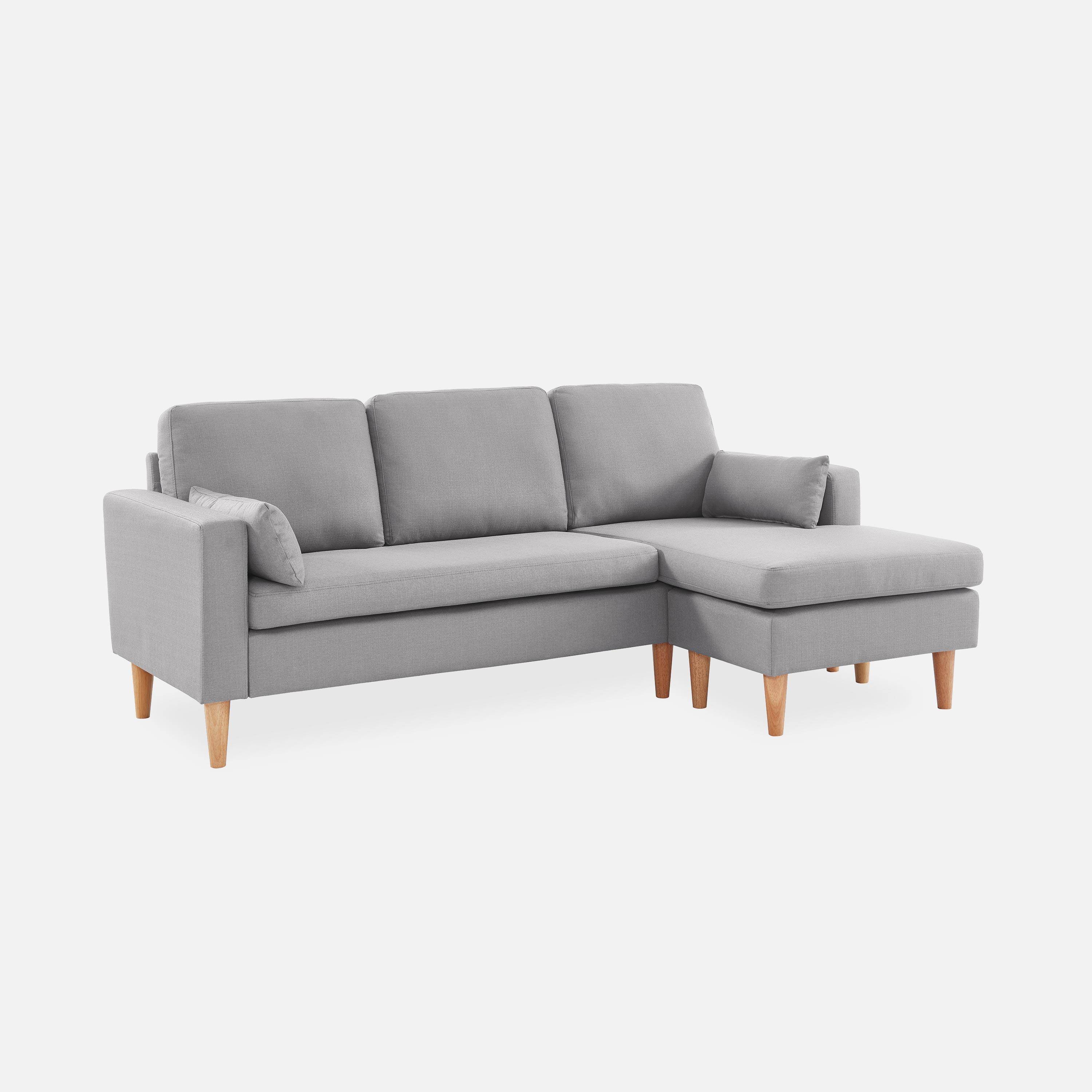 Fauteuil en tissu gris clair, canapé d'angle 3 places réversible fixe droit pieds bois, canapé scandinave  Photo1