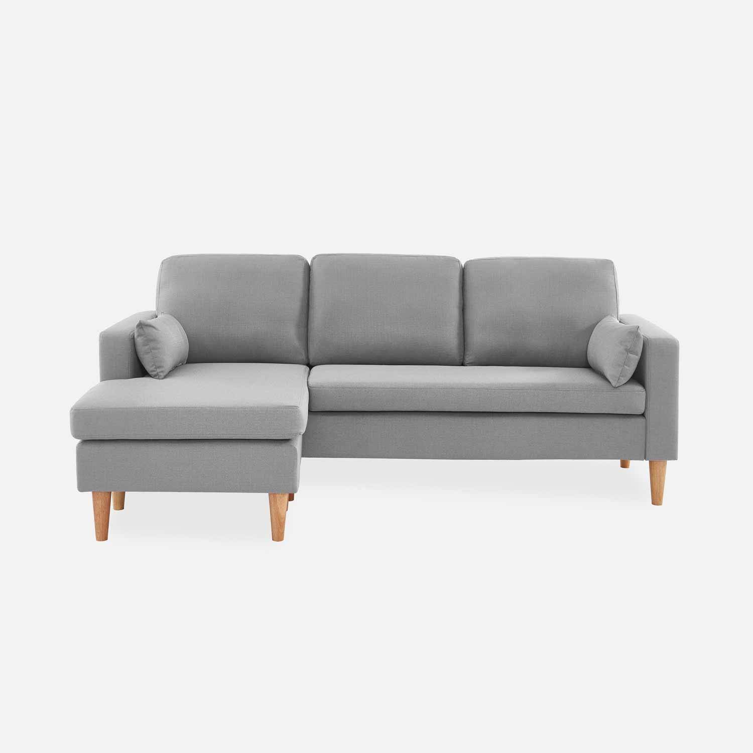 Fauteuil en tissu gris clair, canapé d'angle 3 places réversible fixe droit pieds bois, canapé scandinave  Photo2